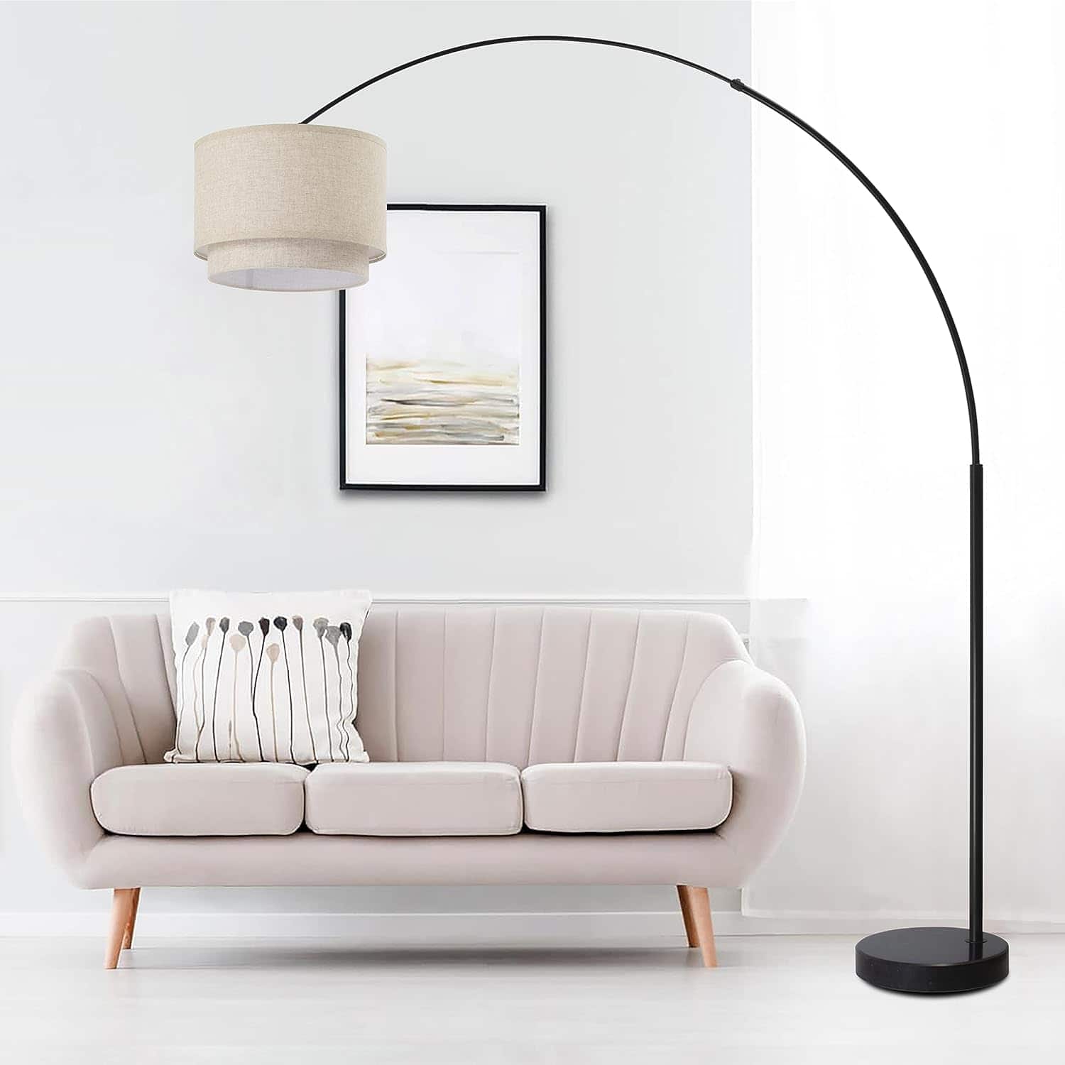 FC Design - Modern 81" Tall Standing Adjustable Arched Floor Lamp with Double Drum Shade and Marble Base - Beige