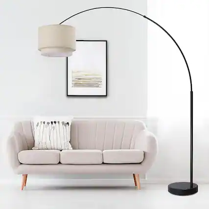 Front. FC Design - FC Design Modern 81" Tall Standing Adjustable Arched Floor Lamp with Double Drum Shade and Marble Base - Beige - Beige.