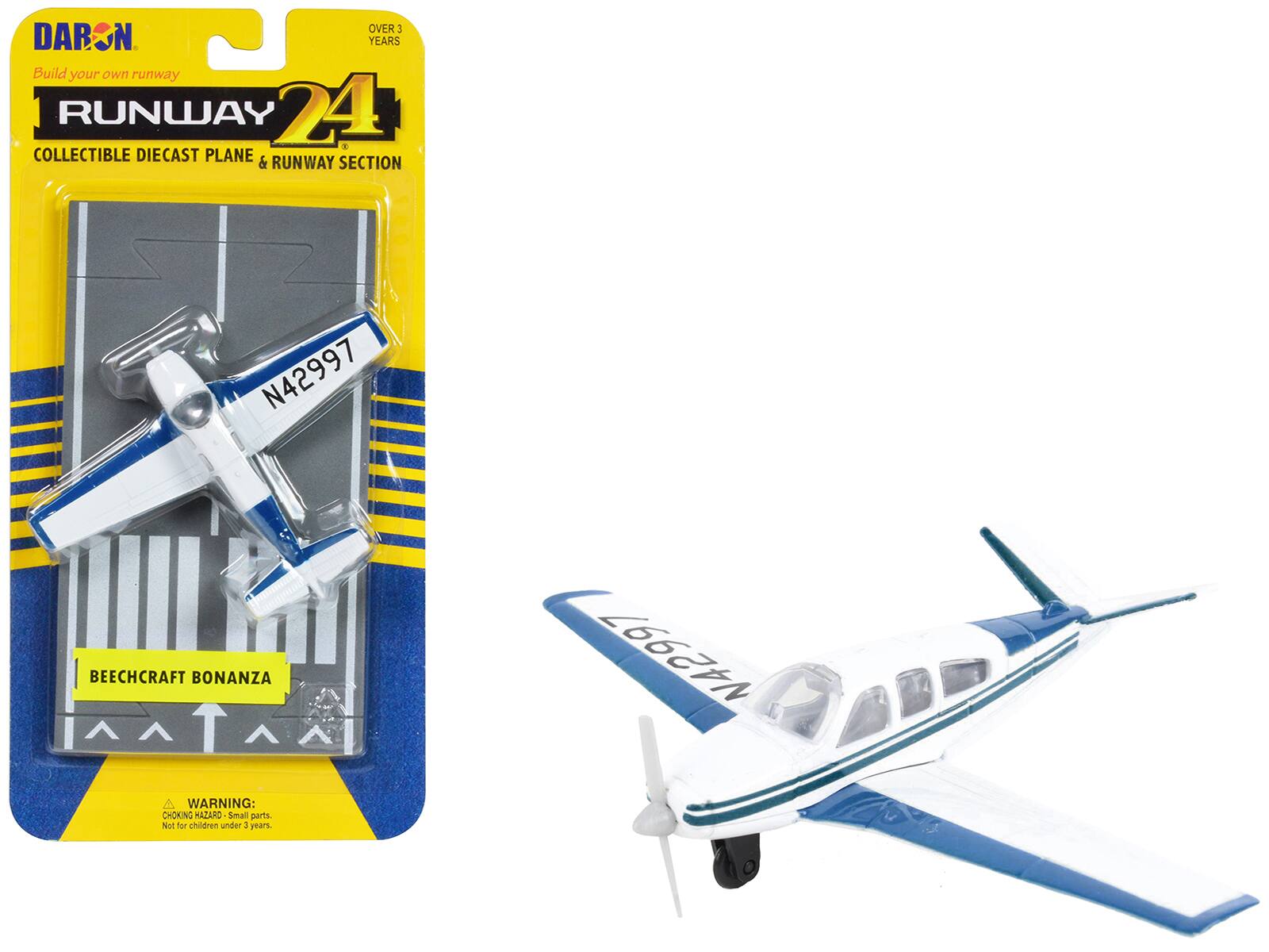 DARON  
Build your own runway  
RUNWAY 24  
COLLECTIBLE DIECAST PLANE & RUNWAY SECTION  
N42997  
BEECHCRAFT BONANZA  

WARNING: CHOKING HAZARD - Small parts. Not for children under 3 years.