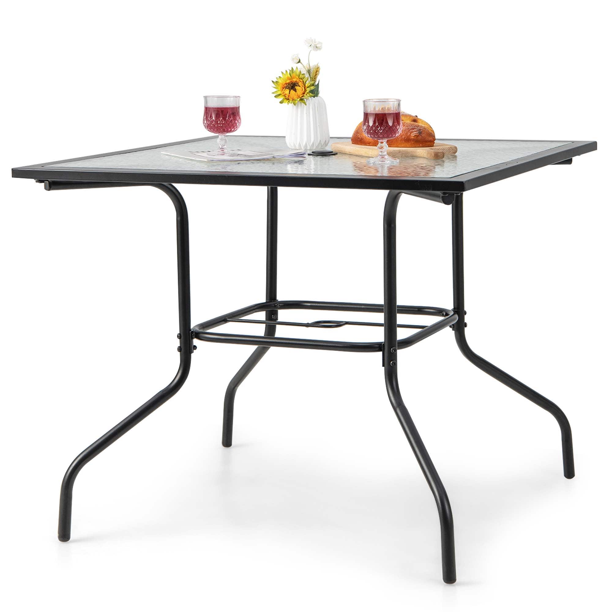 Costway - 35'' Patio Dining Table Tempered Glass Top Bistro Table with 1.5'' Umbrella Hole - Black