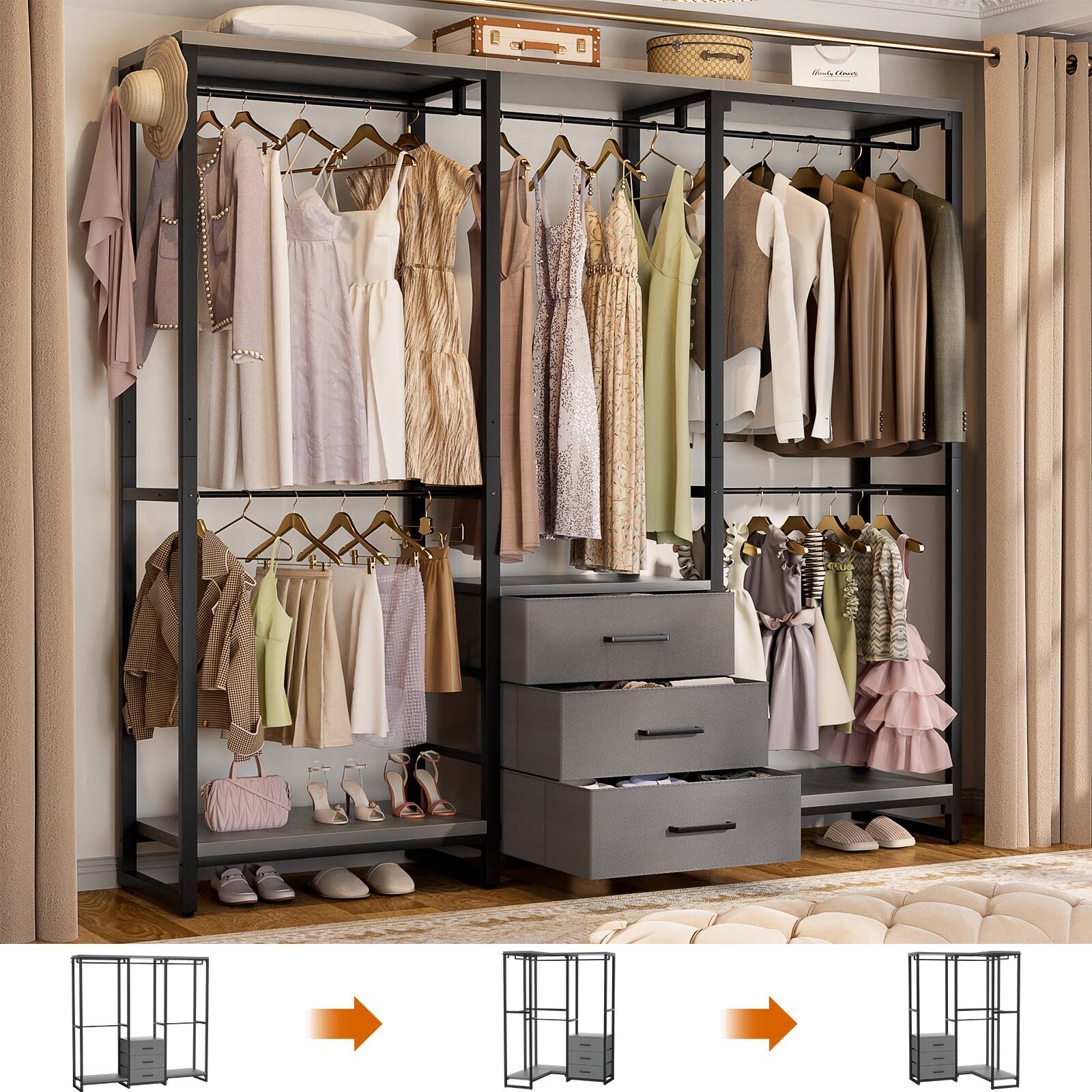 Alt View 2. Aheaplus - Sturdy Metal Garment Rack with 3 Fabric Drawers, Wall Mounted Clothing Rack with 5 Hanging Rods & Storage Shelves - Gray.