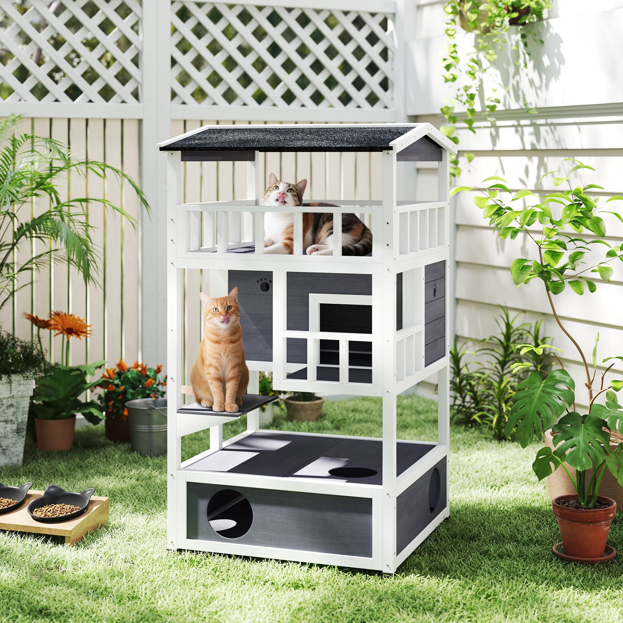 Angle. Pawhut - Wooden Outdoor Cat House, Feral Cat Shelter Kitten Condo with Asphalt Roof, Escape Doors, Condo, Jumping Platform.