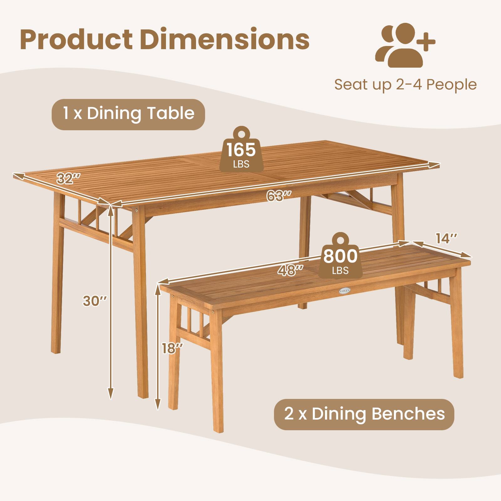 Product Dimensions  
1 x Dining Table  
Seat up 2-4 People  
32" x 63" x 30"  
165 LBS  
2 x Dining Benches  
48" x 18" x 14"  
800 LBS