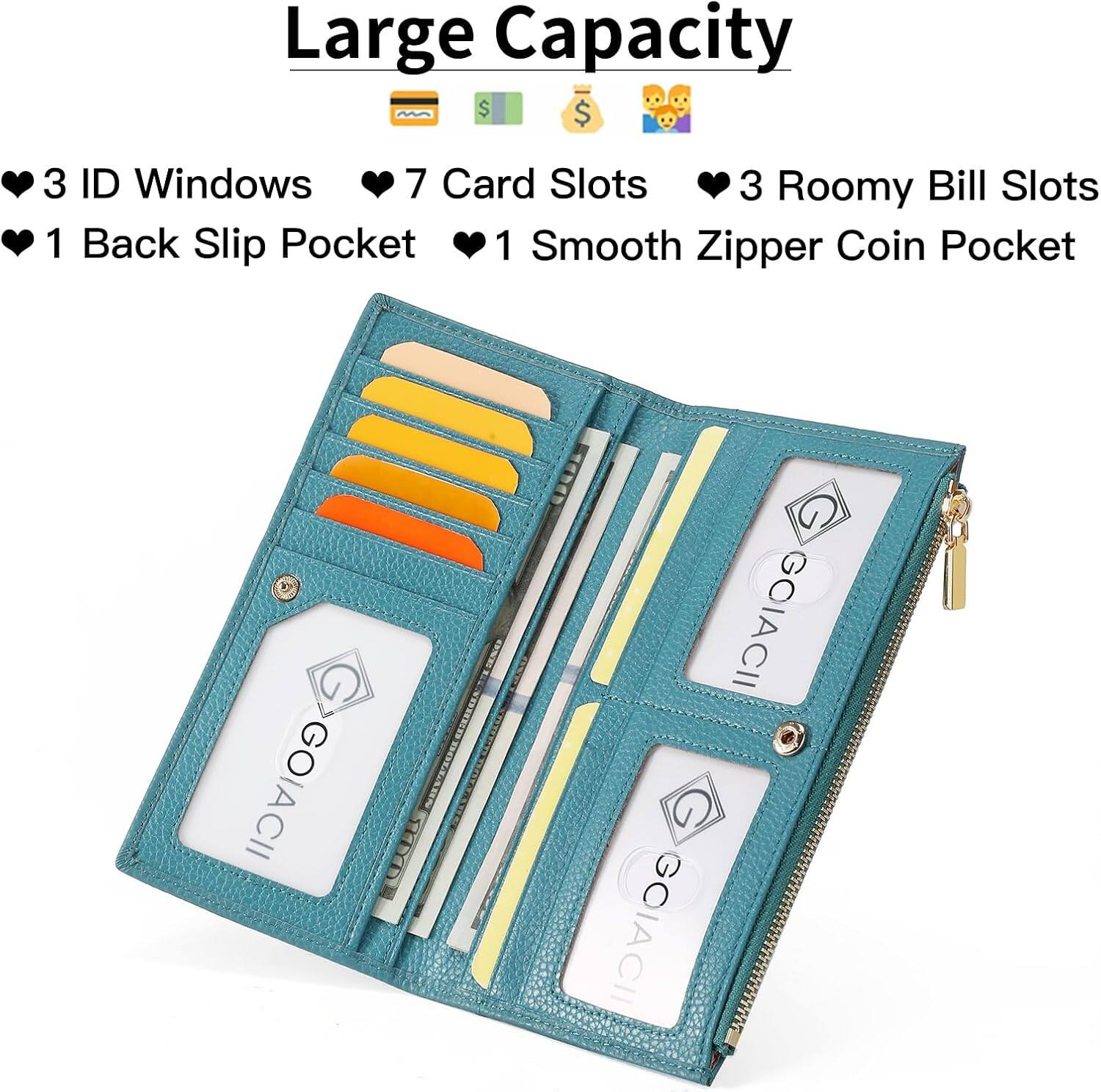 Large Capacity

- 3 ID Windows
- 7 Card Slots
- 3 Roomy Bill Slots
- 1 Back Slip Pocket
- 1 Smooth Zipper Coin Pocket