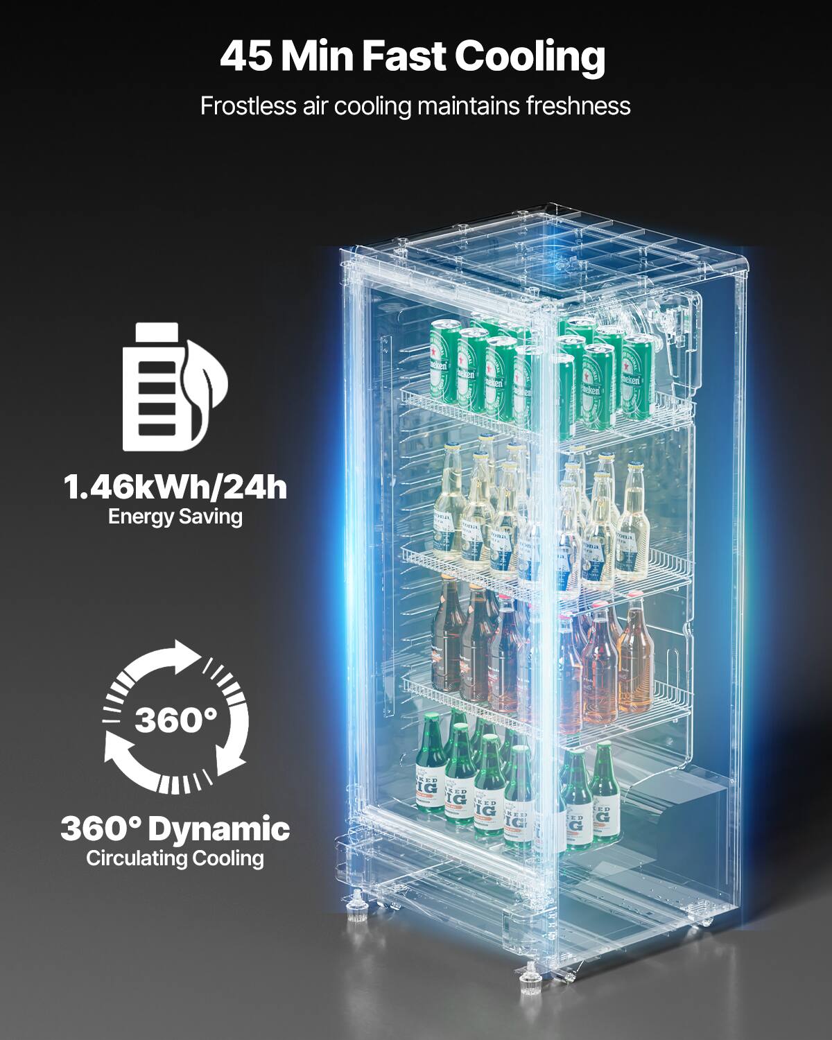 45 Min Fast Cooling Frostless air cooling maintains freshness
1.46kWh/24h Energy Saving
360° Dynamic Circulating Cooling