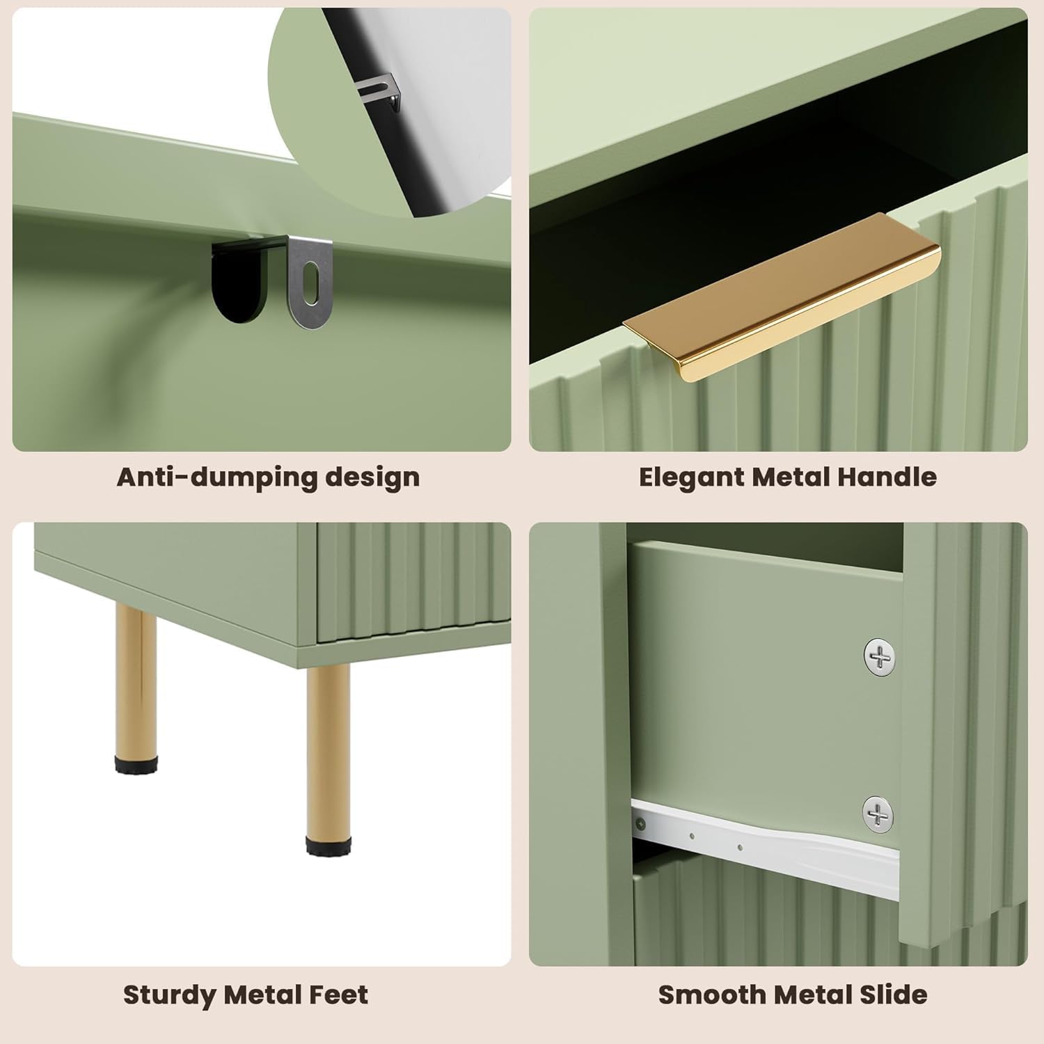 Anti-dumping design  
Elegant Metal Handle  
Sturdy Metal Feet  
Smooth Metal Slide