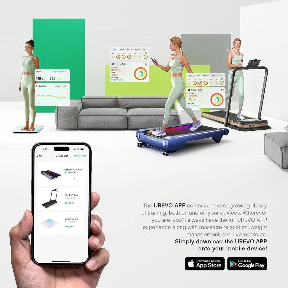 - 120.5 21.8 Satan - SWENS N's - 4 + . Mie Device List Add Device CyberPad Home - Strol 28 vre Cannect Smart Scale Connect The UREVO APP contains an ever-growing library of training, both on and off your devices. Wherever you are, you'll always have the full UREVO APP experience along with massage relaxation, weight management, and live workouts. Simply download the UREVO APP onto your mobile device! Download on the App Store GET IT ON Google Play