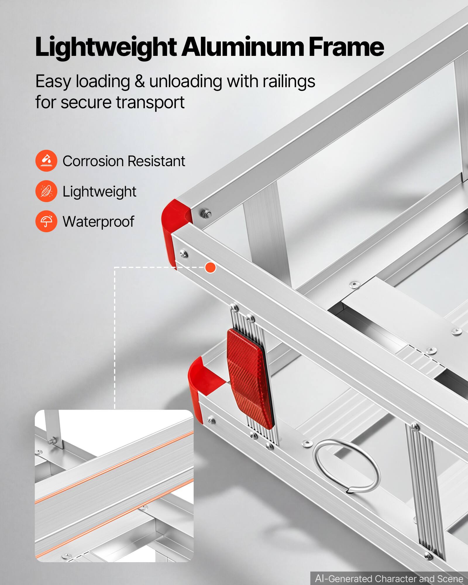 Lightweight Aluminum Frame  
Easy loading & unloading with railings for secure transport  

- Corrosion Resistant  
- Lightweight  
- Waterproof  

AI-Generated Character and Scene
