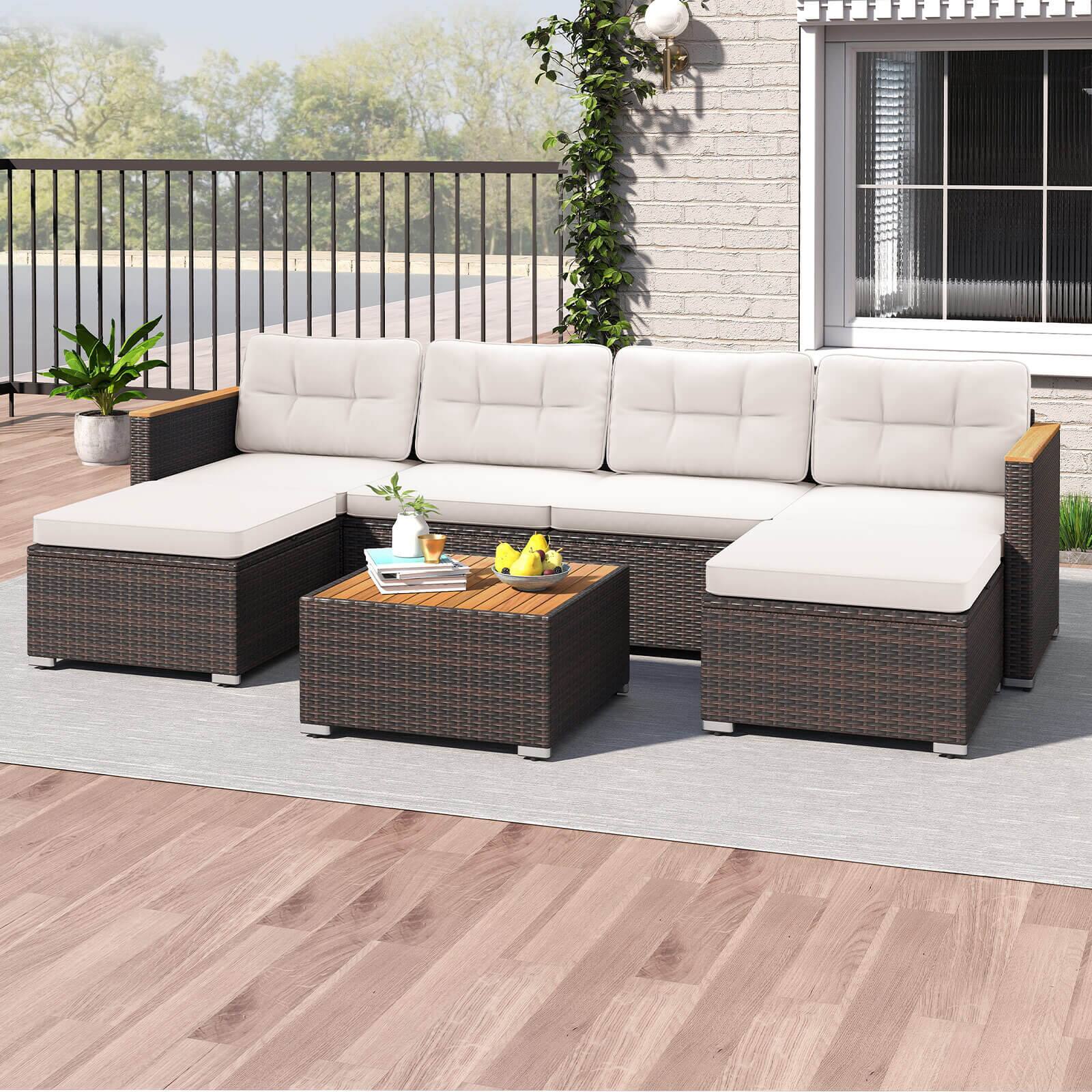 Alt View 3. Costway - Costway 7 PCS Wicker Conversation Set with Seat & Back Cushions Wood Armrests & Tabletop - Off White.