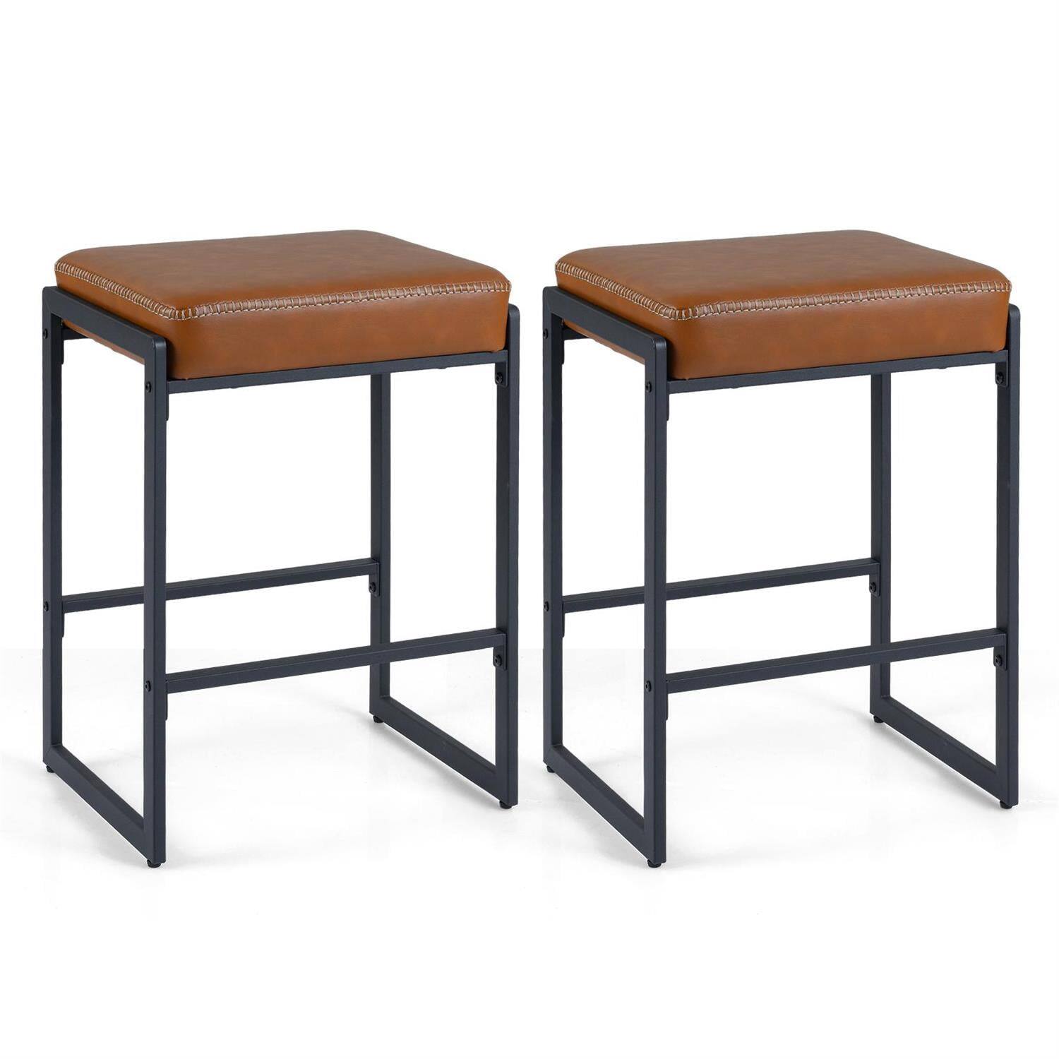 Angle. Pefilos - 26 Inch Counter Height Home Bar Stools Set of 2 with Faux Leather Upholstered Seat, Modern Kitchen Stools Island - Brown.
