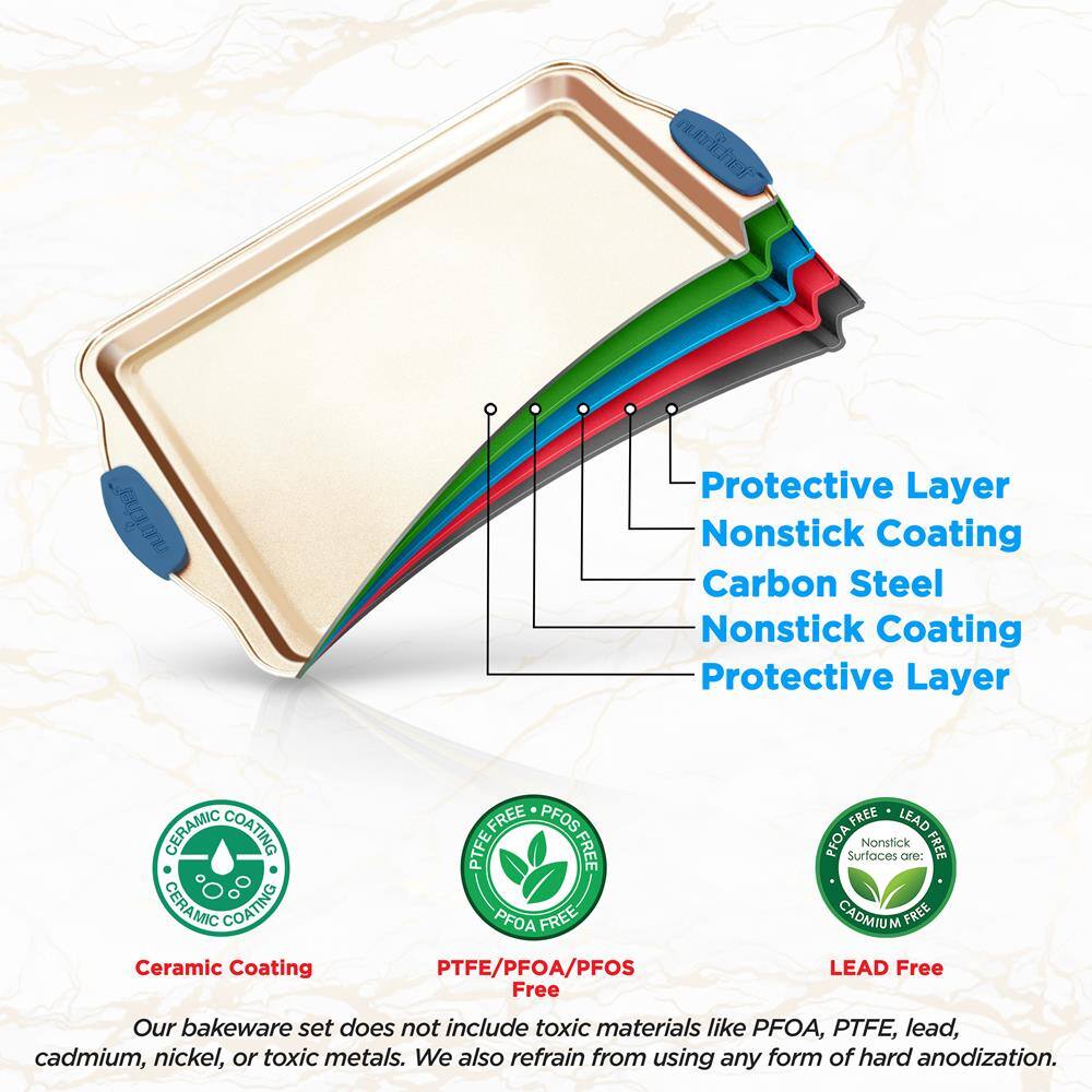**Protective Layer**  
**Nonstick Coating**  
**Carbon Steel**  
**Nonstick Coating**  
**Protective Layer**

**Ceramic Coating**  
**PTFE/PFOA/PFOS Free**  
**LEAD Free**

Our bakeware set does not include toxic materials like PFOA, PTFE, lead, cadmium, nickel, or toxic metals. We also refrain from using any form of hard anodization.