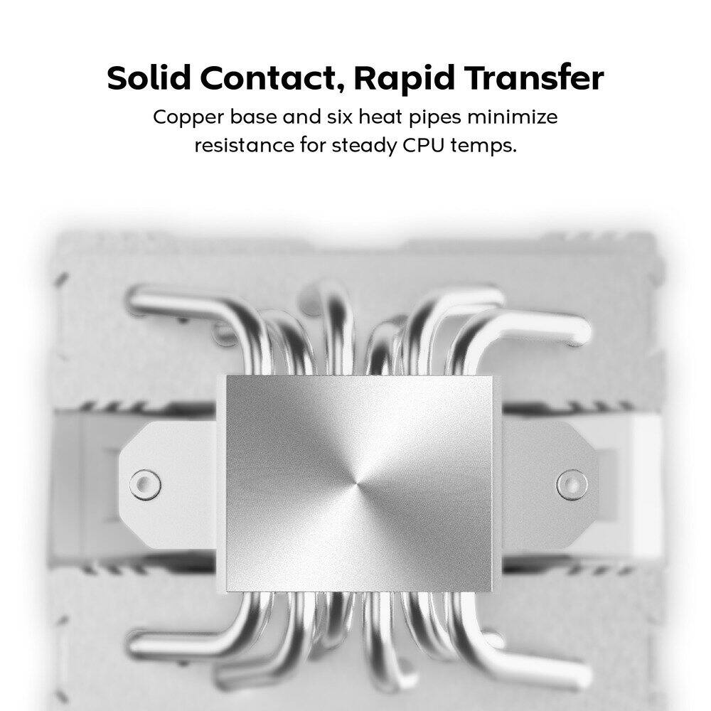 Solid Contact, Rapid Transfer  
Copper base and six heat pipes minimize resistance for steady CPU temps.