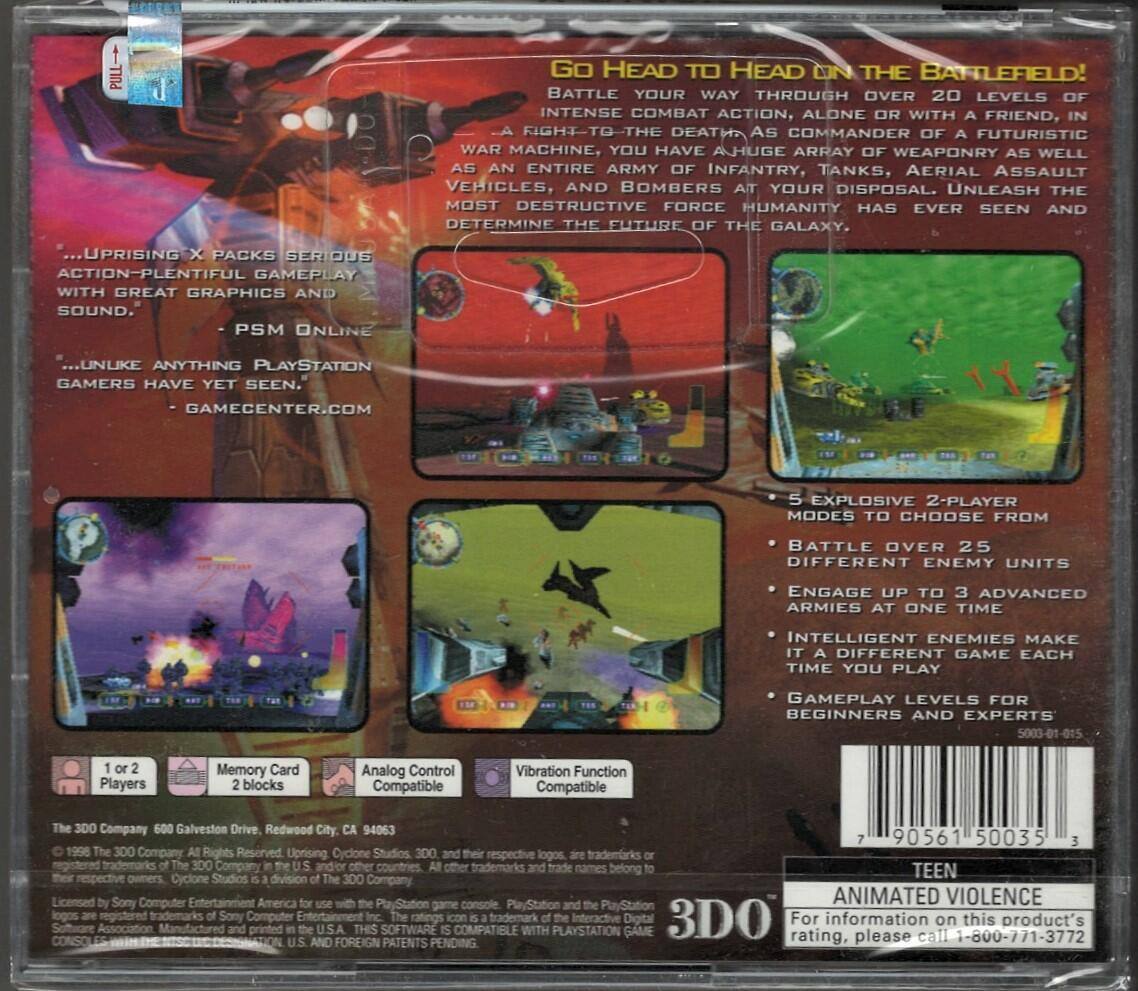 **Go Head to Head on the Battlefield!**

Intense combat action, alone or with a friend, in a fight-to-the-death as commander of a futuristic war machine. You have a huge array of weaponry as well as an entire army of infantry, tanks, aerial assault vehicles, and bombers at your disposal. Unleash the most destructive force humanity has ever seen and determine the future of the galaxy.

**Uprising X Packs Serious Action-Pleasant Gameplay with Great Graphics and Sound.**  
- PSM Online

**Unlike Anything PlayStation Gamers Have Yet Seen.**  
- Gamecenter.com

**5 Explosive 2-Player Modes to Choose From**  
- Battle over 25 different enemy units  
- Engage up to 3 advanced armies at one time  
- Intelligent enemies make it a different game each time you play  
- Gameplay levels for beginners and experts

**1 or 2 Players**  
**Memory Card 2 blocks**  
**Analog Control Compatible**  
**Vibration Function Compatible**

**The 3DO Company 600 Galveston Drive, Redwood City, CA 94063**

**© 1996 The 3DO Company. All Rights Reserved.**  

