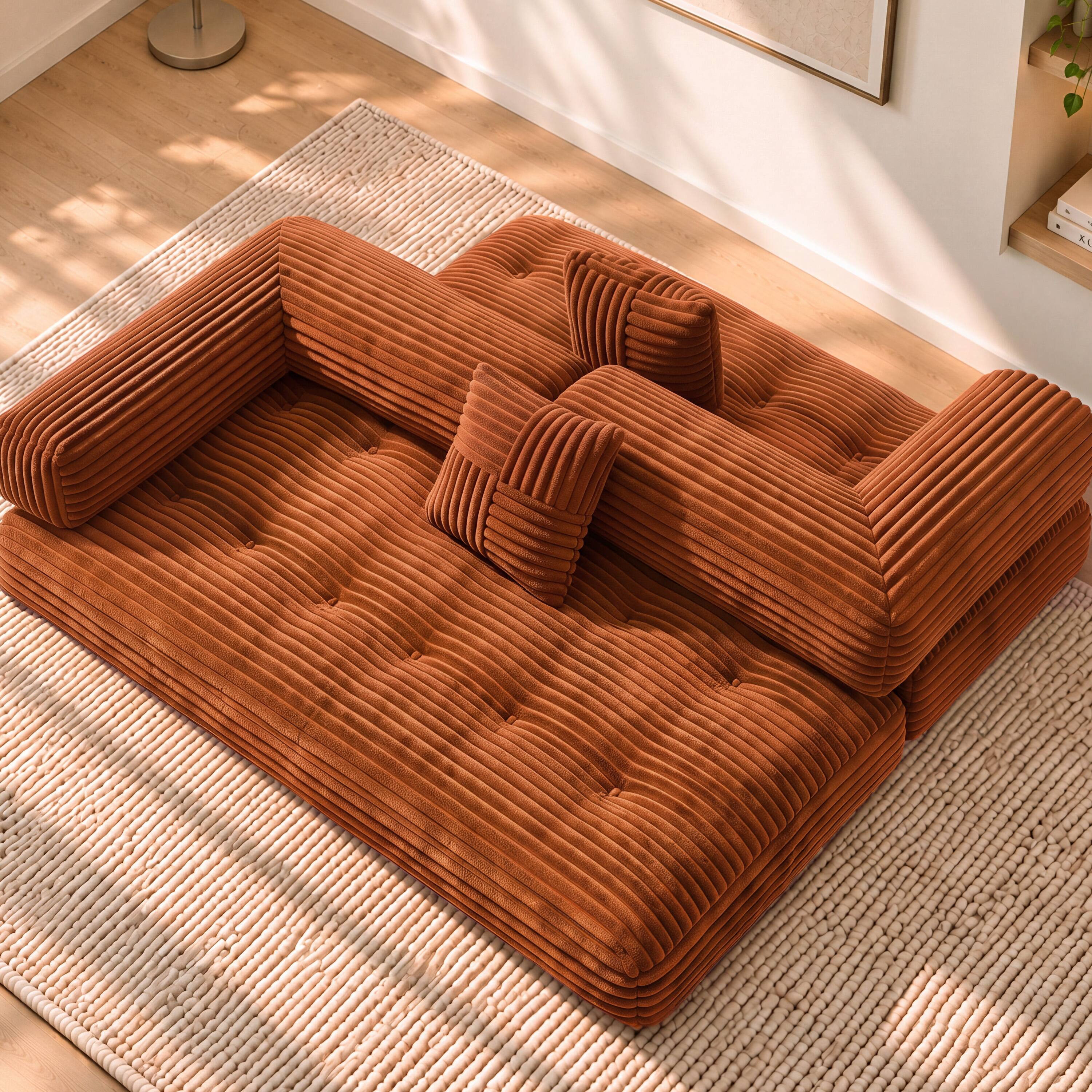 Alt View 1. Vipbear - 78.7" Folding Boneless Couch with Fixed-Shape Frame, Corduroy Floor Sofa Loveseat Sleeper - Orange.