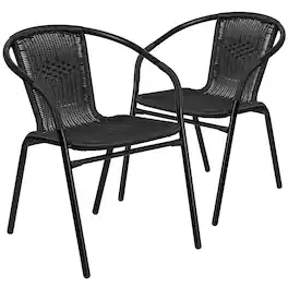 Emma + Oliver - 2 Pack Rattan Indoor-Outdoor Restaurant Stack Chair with Curved Back - Black
