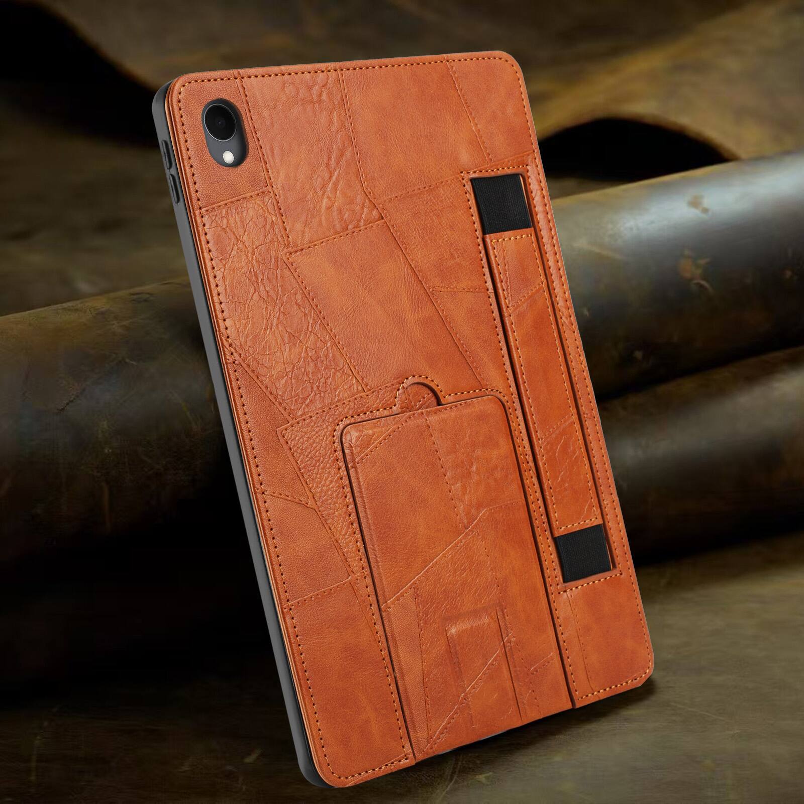 Left. Dteck - Leather Texture Case for Samsung Galaxy Tab S11, Shockproof Cover with Multi-Angle Stand and Secure Hand Strap - Brown.