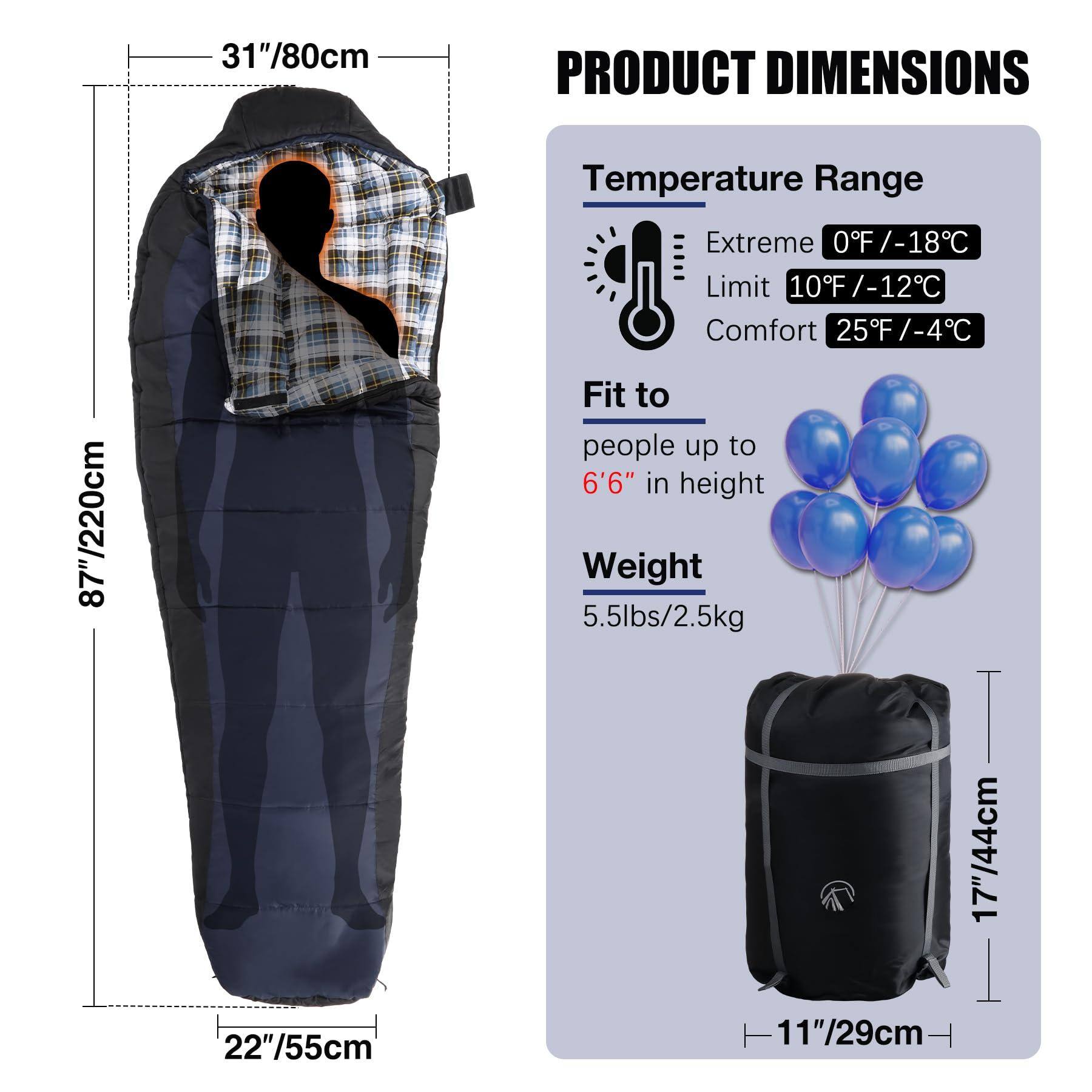 **PRODUCT DIMENSIONS**

- **Temperature Range**
  - Extreme: 0°F / -18°C
  - Limit: 10°F / -12°C
  - Comfort: 25°F / -4°C

- **Fit to**
  - people up to 6'6" in height

- **Weight**
  - 5.5lbs / 2.5kg

- **Dimensions**
  - 31" / 80cm (width)
  - 87" / 220cm (length)
  - 22" / 55cm (foot end)
  - 17" / 44cm (packed height)
  - 11" / 29cm (packed width)