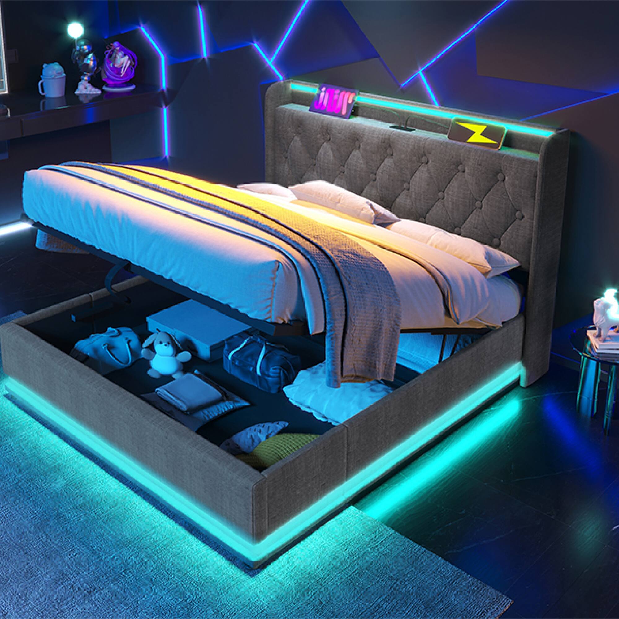 Alt View 8. GOODSILO - Full Size Upholstered Bed with LED Lighting, Hydraulic Storage, and USB Charging - Gray.