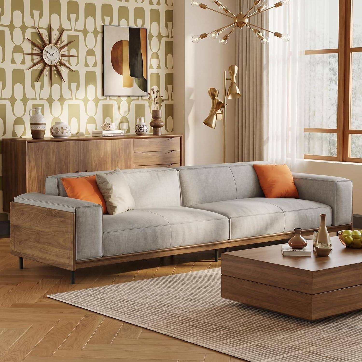 Front. luck idea - 111.81" Modern 4-Seater Sofa, Gray Fabric Couch with Walnut Frame, Removable Washable Covers, Low Backrest Design for Li - grey.
