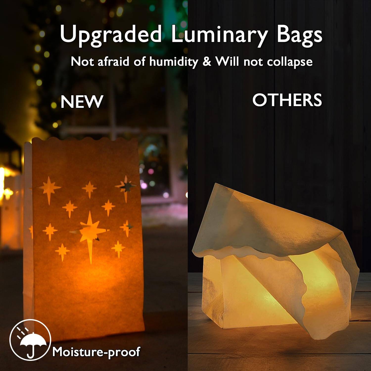 Upgraded Luminous Bags  
Not afraid of humidity & Will not collapse  

NEW  
OTHERS  

Moisture-proof