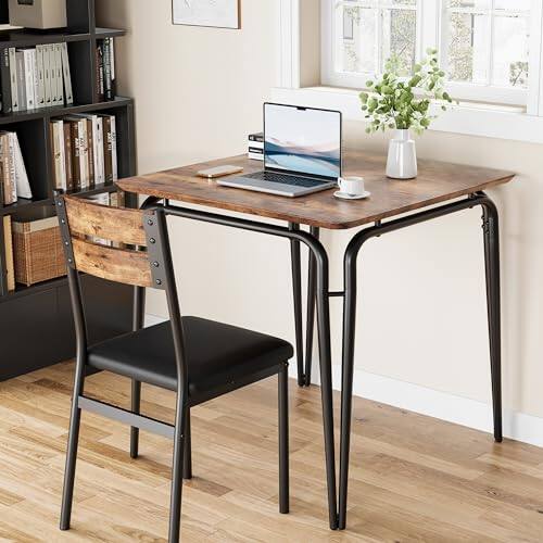 Back. Homhougo - Dining Table for 2, Small Table and Chairs Set of 2, Square Dinette Set for 2, Dinner Table Set,Brown - Brown.