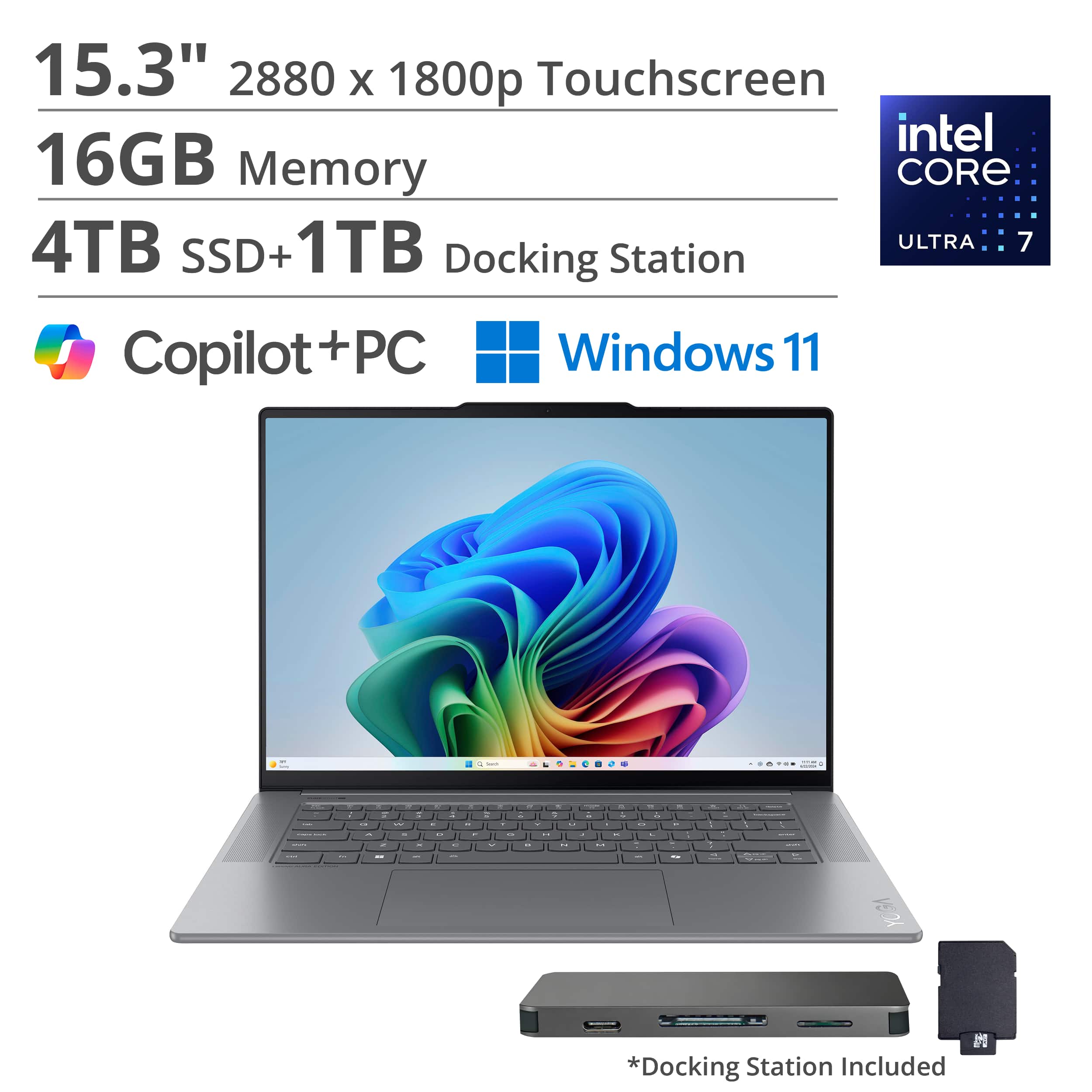 Lenovo - Yoga Slim 7i Aura Edition - Copilot+PC - 15.3" 3K 120Hz Touchscreen Laptop - Intel Core Ultra 7 256V 2024 - 16GB - 4TB - Luna Gray