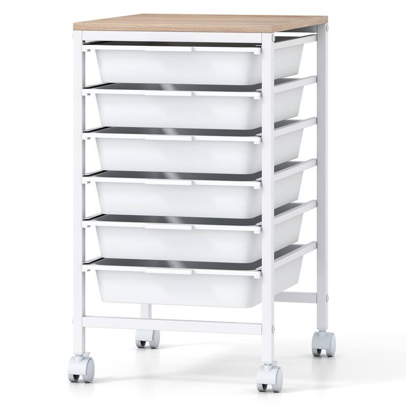 Alt View 3. WELLFOR - 6-Drawer Rolling Storage Cart with Wooden Tabletop, Mobile Utility Organizer for Art & Craft Office School Storage - White.