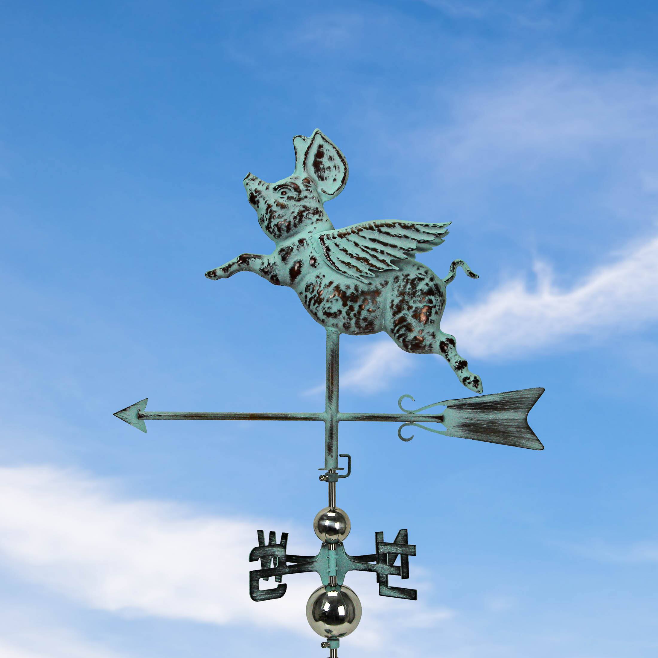 Alt View 3. Things2Die4 - Verdigris Copper Flying Pig Weathervane Roof Mount Home Garden Decor Art Sculpture - Teal.