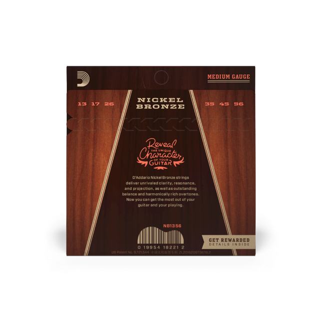 MEDIUM GAUGE  
13 17 26  
NICKEL BRONZE  
35 45 56  

Reveal THE UNIQUE CHARACTER OF YOUR GUITAR  

D'Addario Nickel Bronze strings deliver unrivaled clarity, resonance, and projection, as well as outstanding balance and harmonically rich overtones. Now you can get the most out of your guitar and your playing.  

NB1356  
GCT  
REWARDED DETAILS INSIDE  

0 19954 18221 2  
US Patent No 0.721844  
L2016200736782