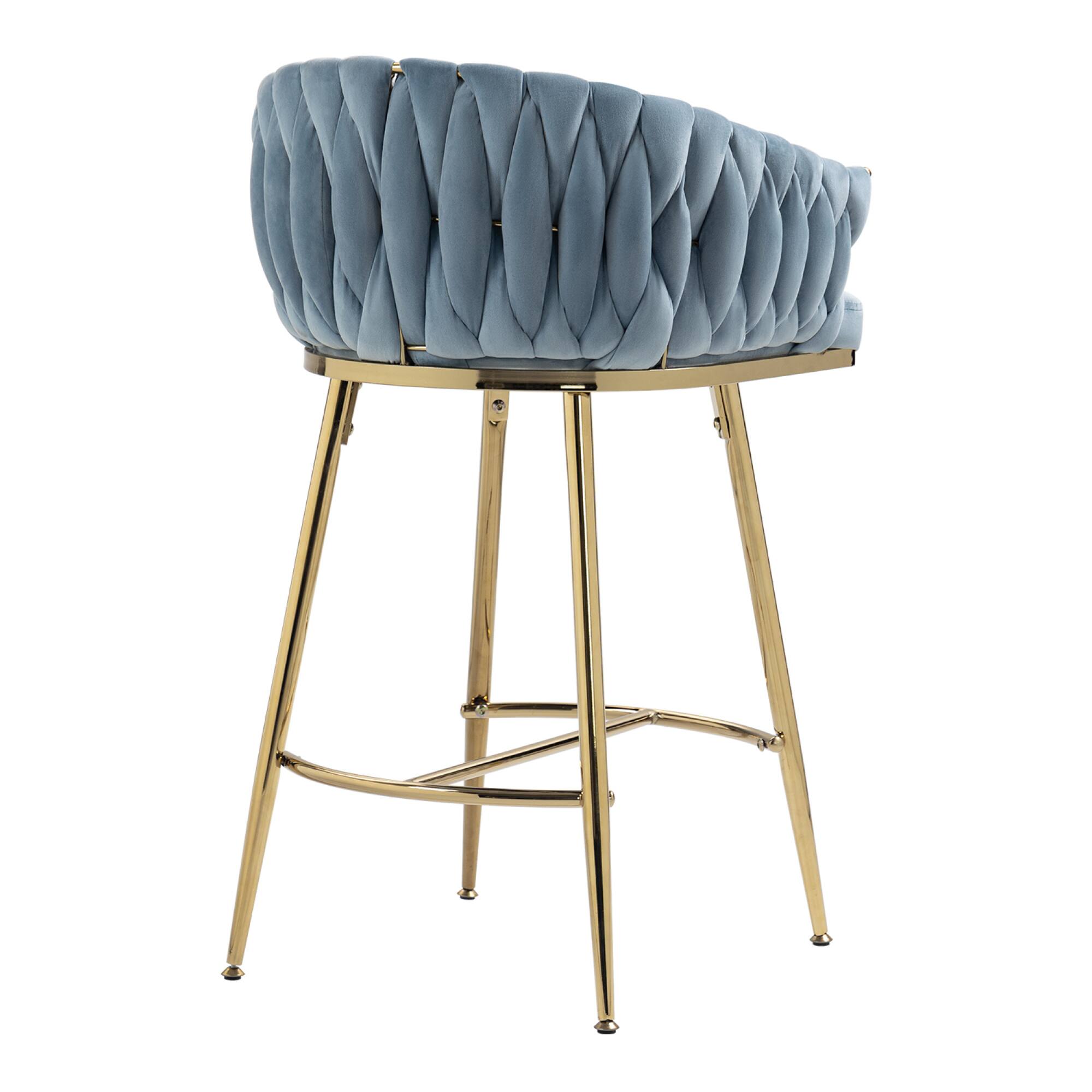Alt View 1. GOODSILO - Set of 2 Velvet Upholstered Bar Stools with Golden Chrome Base, Counter Height Stools for Kitchen Island or Bar Seating - Blue.