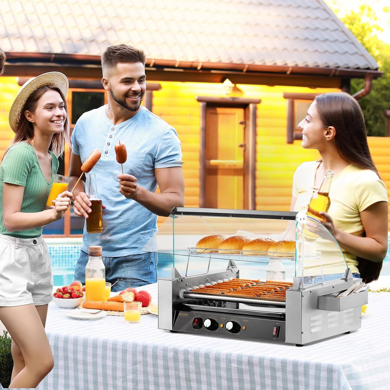 Alt View 7. Winado - Commercial Electric 24 Hot Dog 9 Roller Grill Cooker Machine with Dual Temp Control, Glass Cover, Drip Tray，LED Lighting - 也.