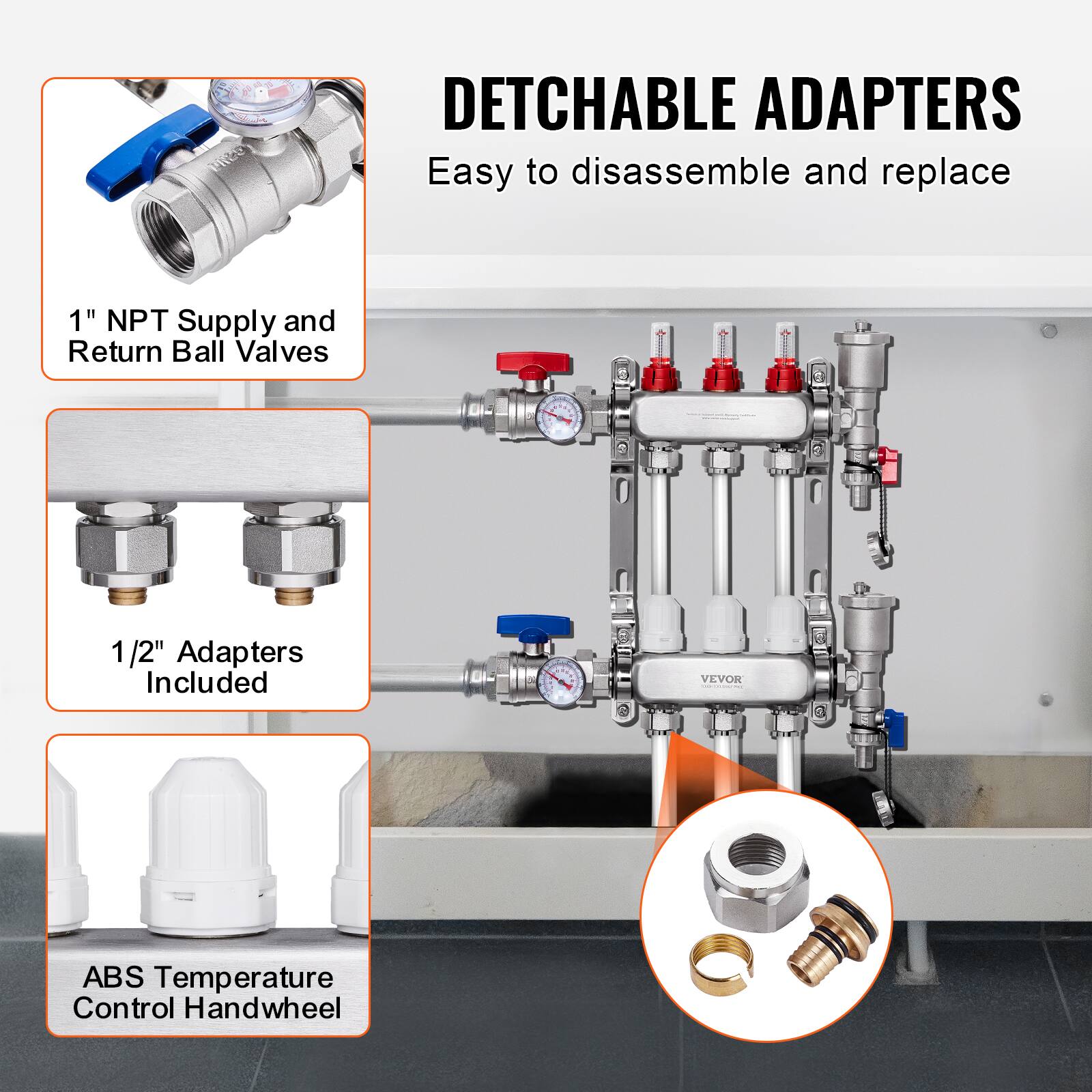 DETACHABLE ADAPTERS  
Easy to disassemble and replace

1" NPT Supply and Return Ball Valves

1/2" Adapters Included

ABS Temperature Control Handwheel