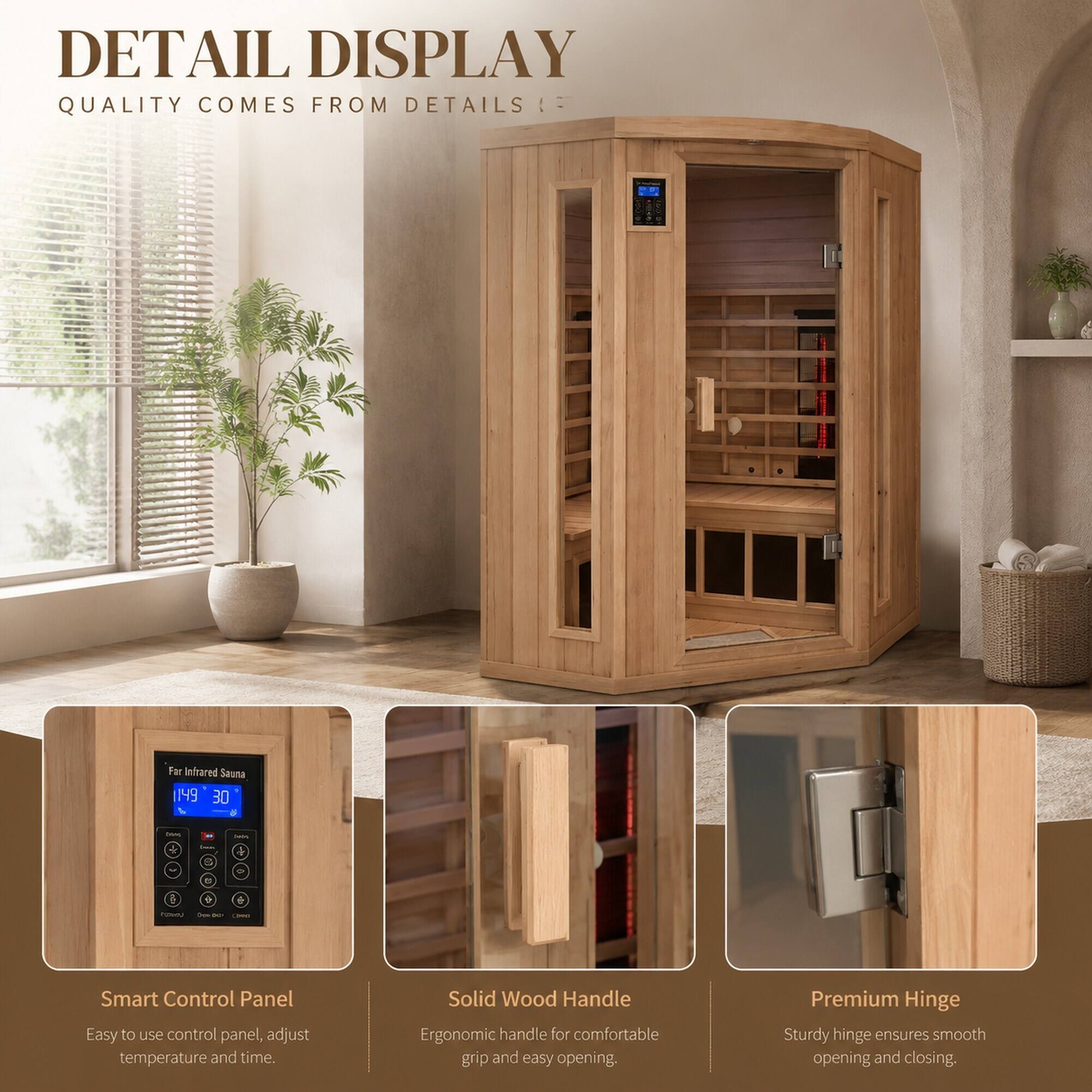 DETAIL DISPLAY  
QUALITY COMES FROM DETAILS

Far Infrared Sauna  
149 30  
50%  
$  

DE raway  
2 See our  

Smart Control Panel  
Easy to use control panel, adjust temperature and time.  

Solid Wood Handle  
Ergonomic handle for comfortable grip and easy opening.  

Premium Hinge  
Sturdy hinge ensures smooth opening and closing.