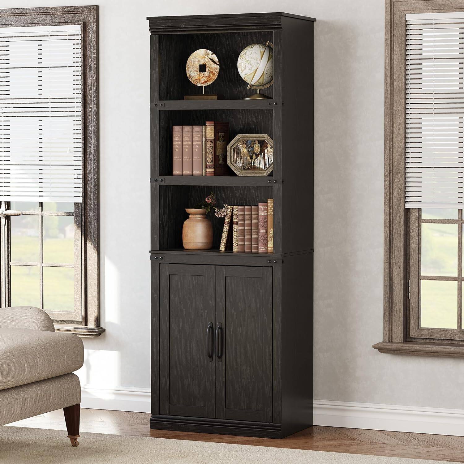 Front. Homhougo - 68.7" Tall 5-Tier Farmhouse Bookcase with Cabinet – Wooden 5-Shelf Bookshelf with Storage Doors, Freestanding Bookcase - Black.