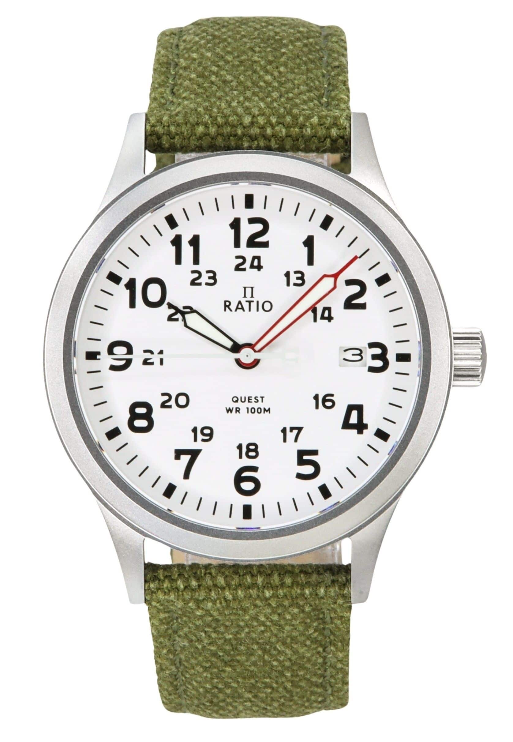 RATIO - Quest Mens Field Watch Sapphire Canvas Strap Quartz RTQ027 100M Lewis And Clark Edition - Green