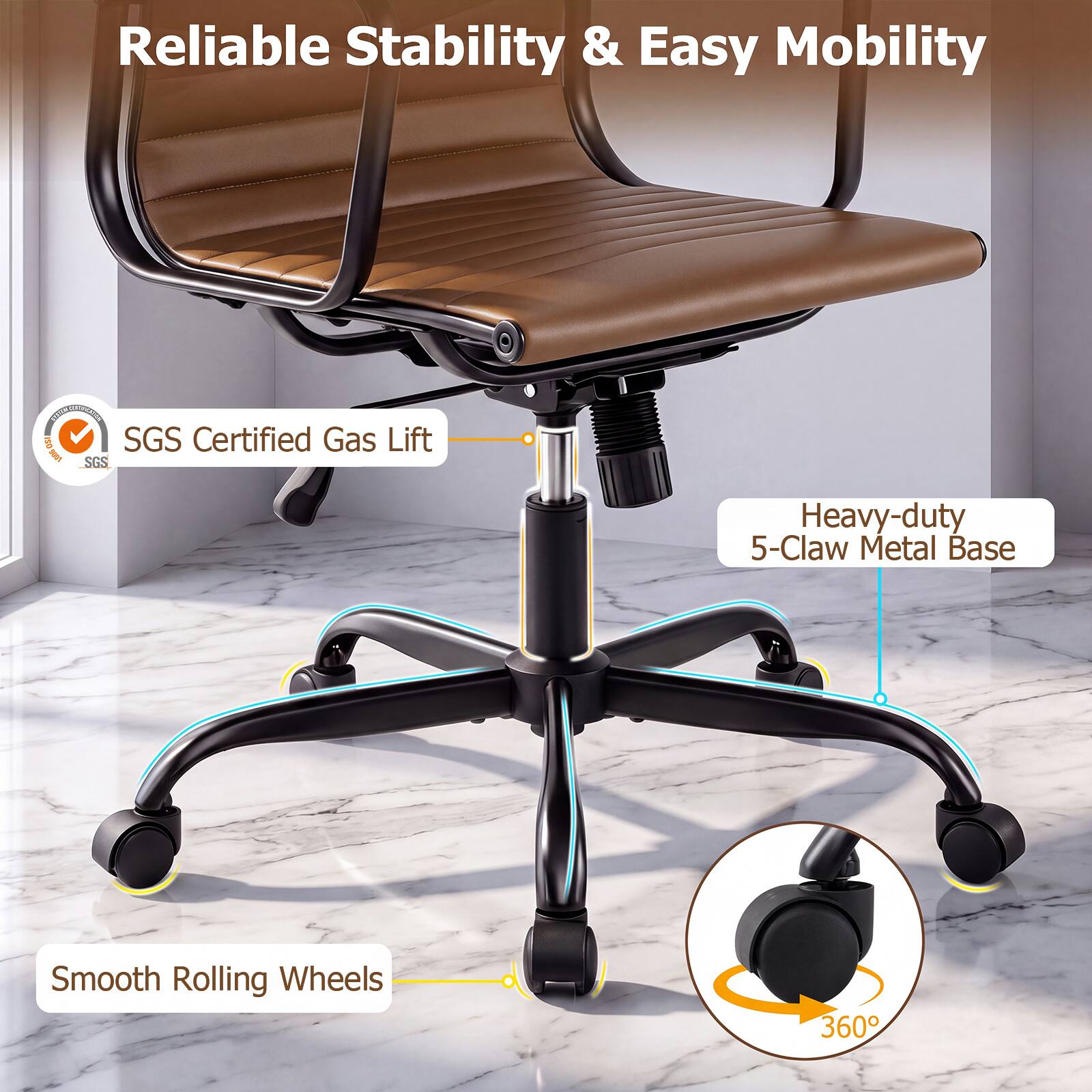Reliable Stability & Easy Mobility

- SGS Certified Gas Lift
- Heavy-duty 5-Claw Metal Base
- Smooth Rolling Wheels
- 360°