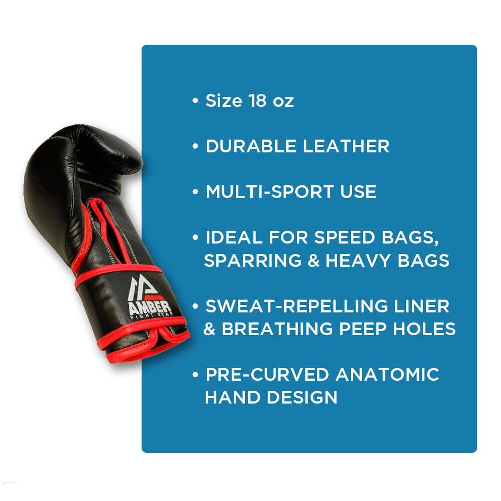 - Size 18 oz
- Durable Leather
- Multi-Sport Use
- Ideal for Speed Bags, Sparring & Heavy Bags
- Sweat-Repelling Liner & Breathing Peep Holes
- Pre-Curved Anatomic Hand Design