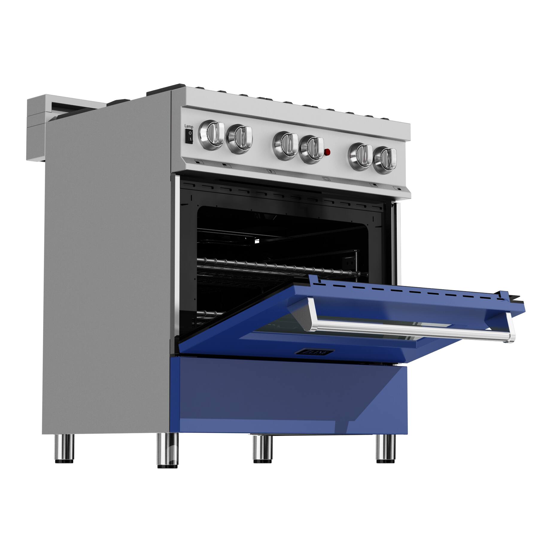 Left. ZLINE - ZLINE 30 in. Legacy Dual Fuel Range in Satin Stainless Steel & Blue Matte Door (RAS-BM-30) - Stainless Steel/Blue Matte Door.