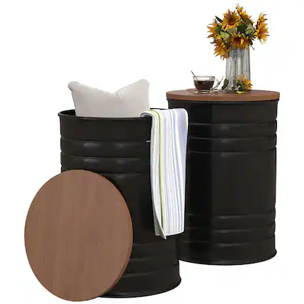Front. Homcom - Nesting End Table Set of 2, Round Storage Ottoman Stool, Metal Frame, Hidden Space, Farmhouse Side Table for Living Room - Black.