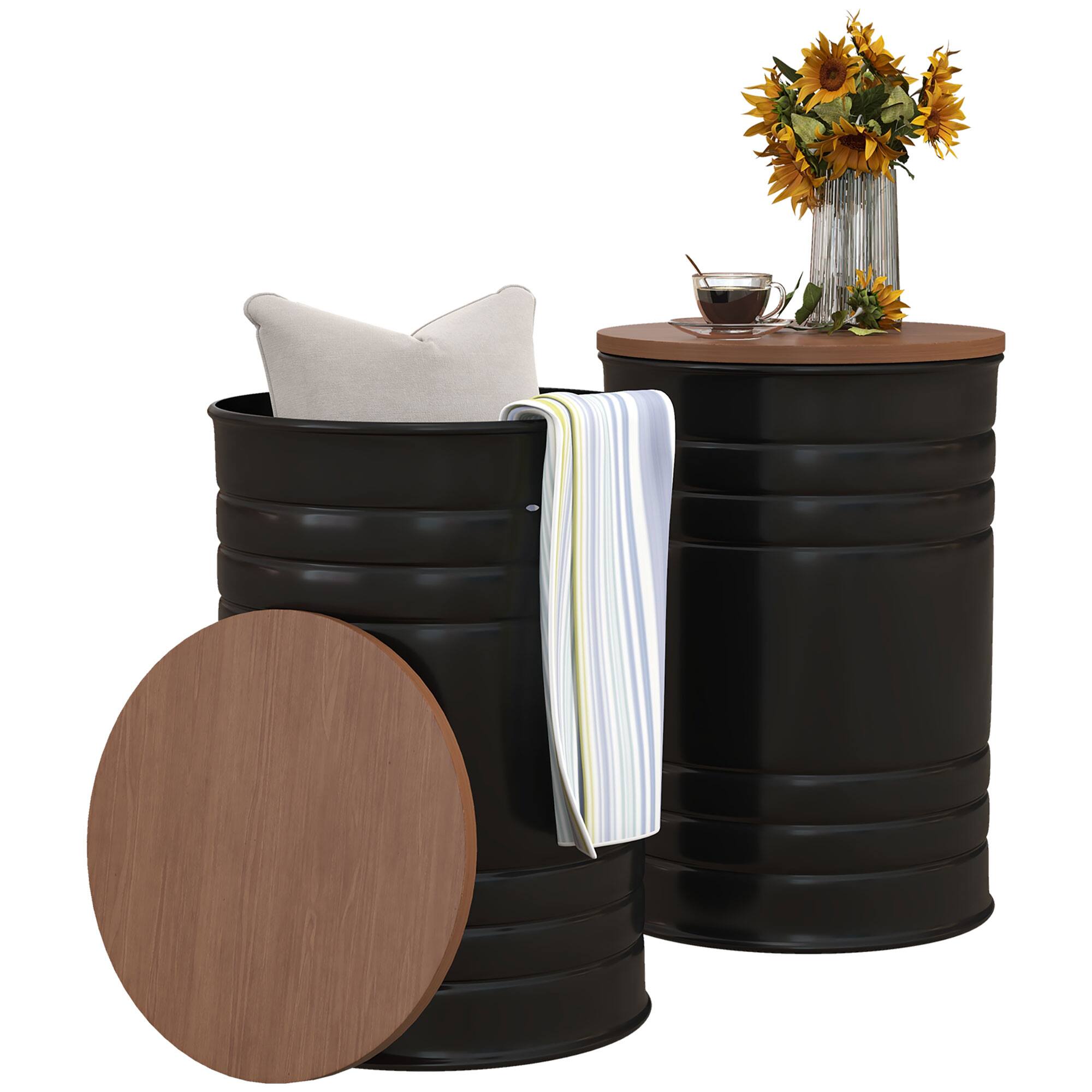 Front. Homcom - Nesting End Table Set of 2, Round Storage Ottoman Stool, Metal Frame, Hidden Space, Farmhouse Side Table for Living Room - Black.