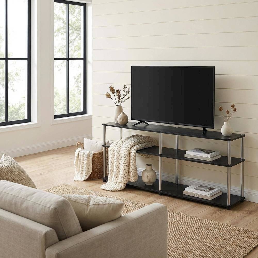 Alt View 2. FurniFact - Black 3-Tier TV Stand with Particle Board and Metal Support - Black.