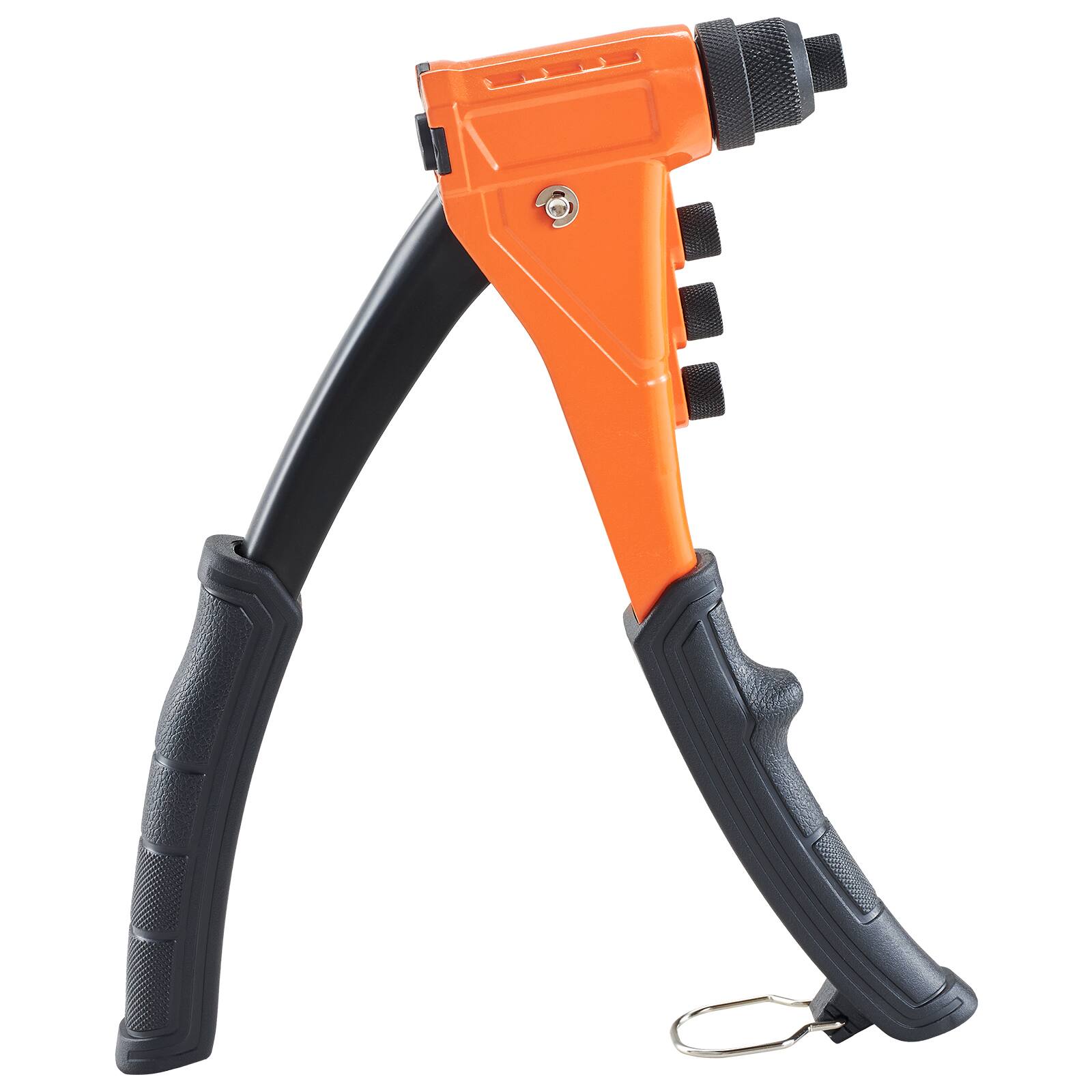 Alt View 5. VEVOR - Pop Rivet Gun Kit, with 200 Blind Rivets, Heavy Duty Single Hand Riveter with 4 Interchangeable Nosepieces, 4 Drill Bits - Orange + Black.