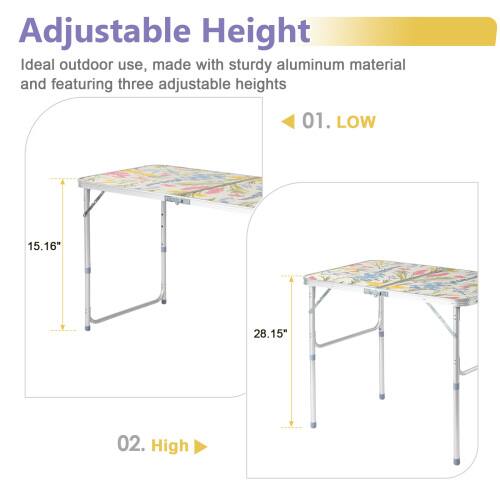 Adjustable Height  
Ideal outdoor use, made with sturdy aluminum material and featuring three adjustable heights

01. LOW  
15.16"  
28.15"

02. HIGH