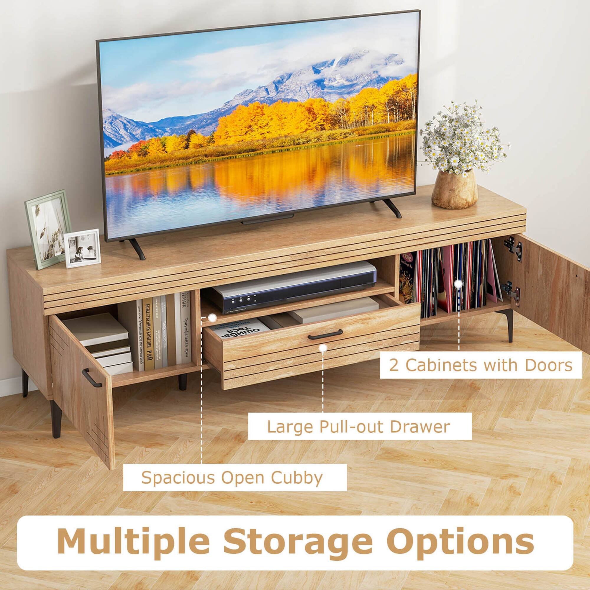 Multiple Storage Options: This entertainment center offers various storage options, including 2 cabinets with doors, a large pull-out drawer, and a spacious open cubby.