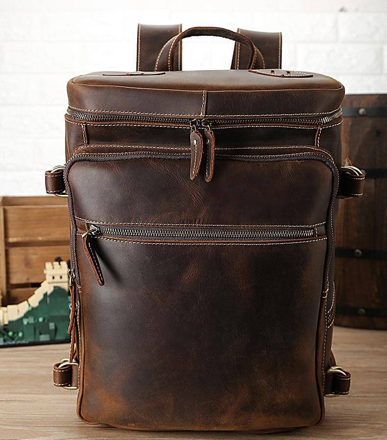 Left. Steel Horse Leather - The Raoul Backpack | Handmade Vintage Leather Backpack - Dark Brown.