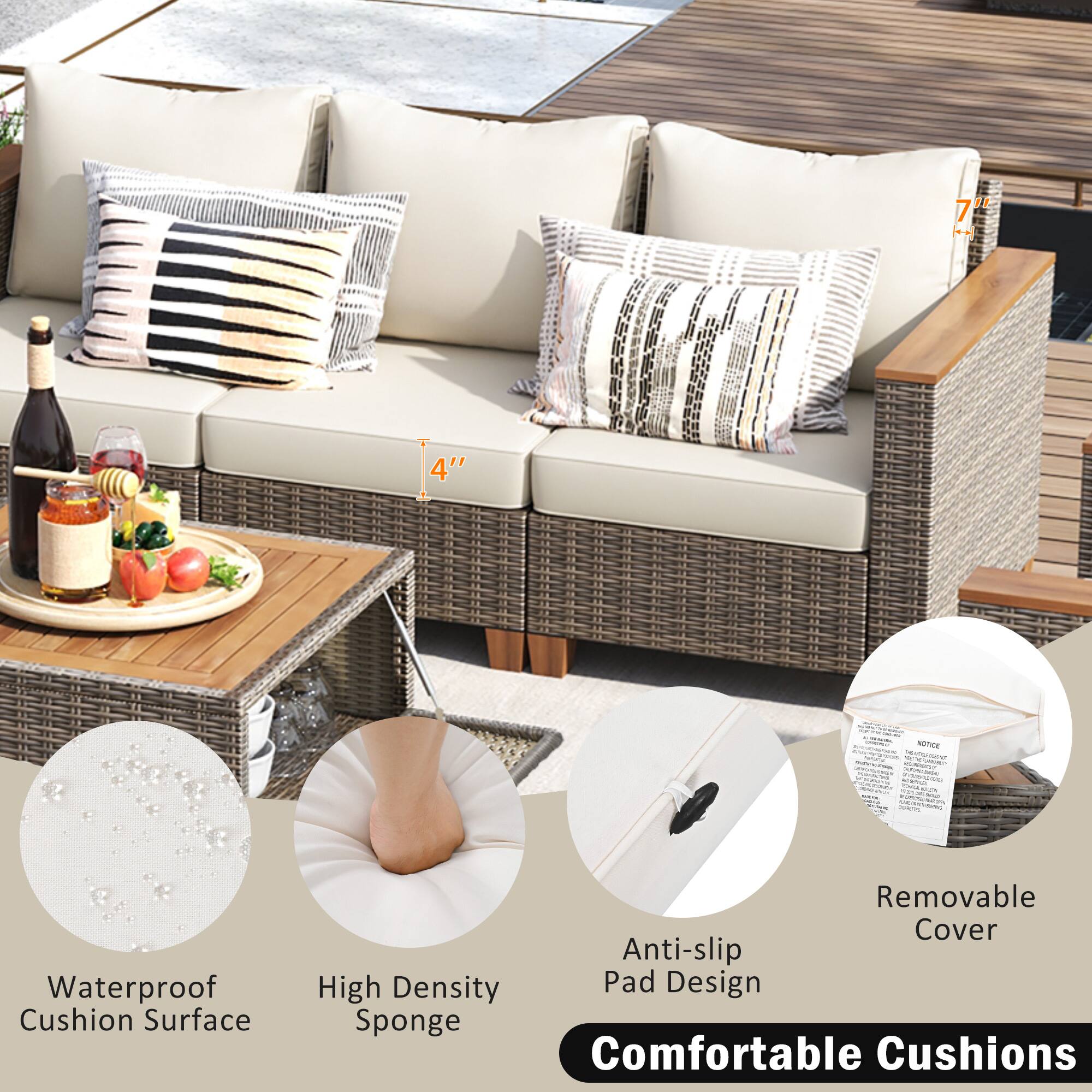 7" FEECECH 4" NUTRE Waterproof Cushion Surface Removable Cover Anti-slip High Density Pad Design Sponge Comfortable Cushions