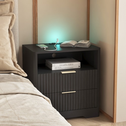 LUCKY ONE - Smart Nightstand with Charging Station Voice Night Light Storage Cabinet - Black
