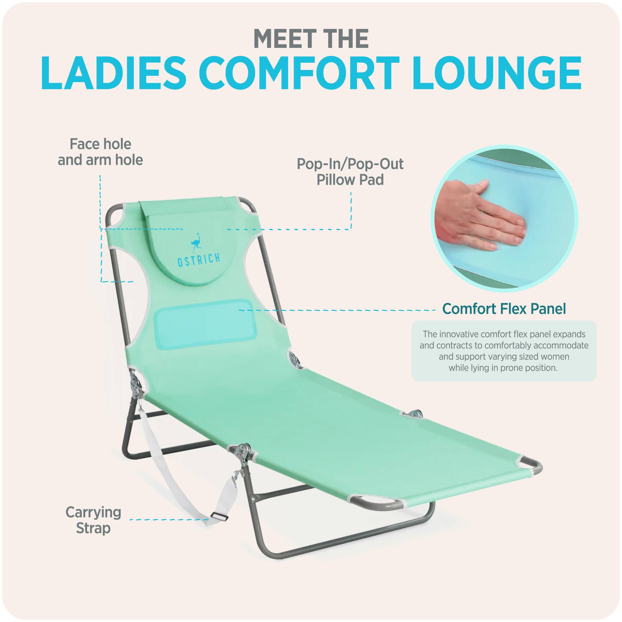 MEET THE LADIES COMFORT LOUNGE

- Face hole and arm hole
- Pop-In/Pop-Out Pillow Pad
- OSTRICH Comfort Flex Panel
- The innovative comfort flex panel expands and contracts to comfortably accommodate and support varying sized women while lying in prone position.
- Carrying Strap