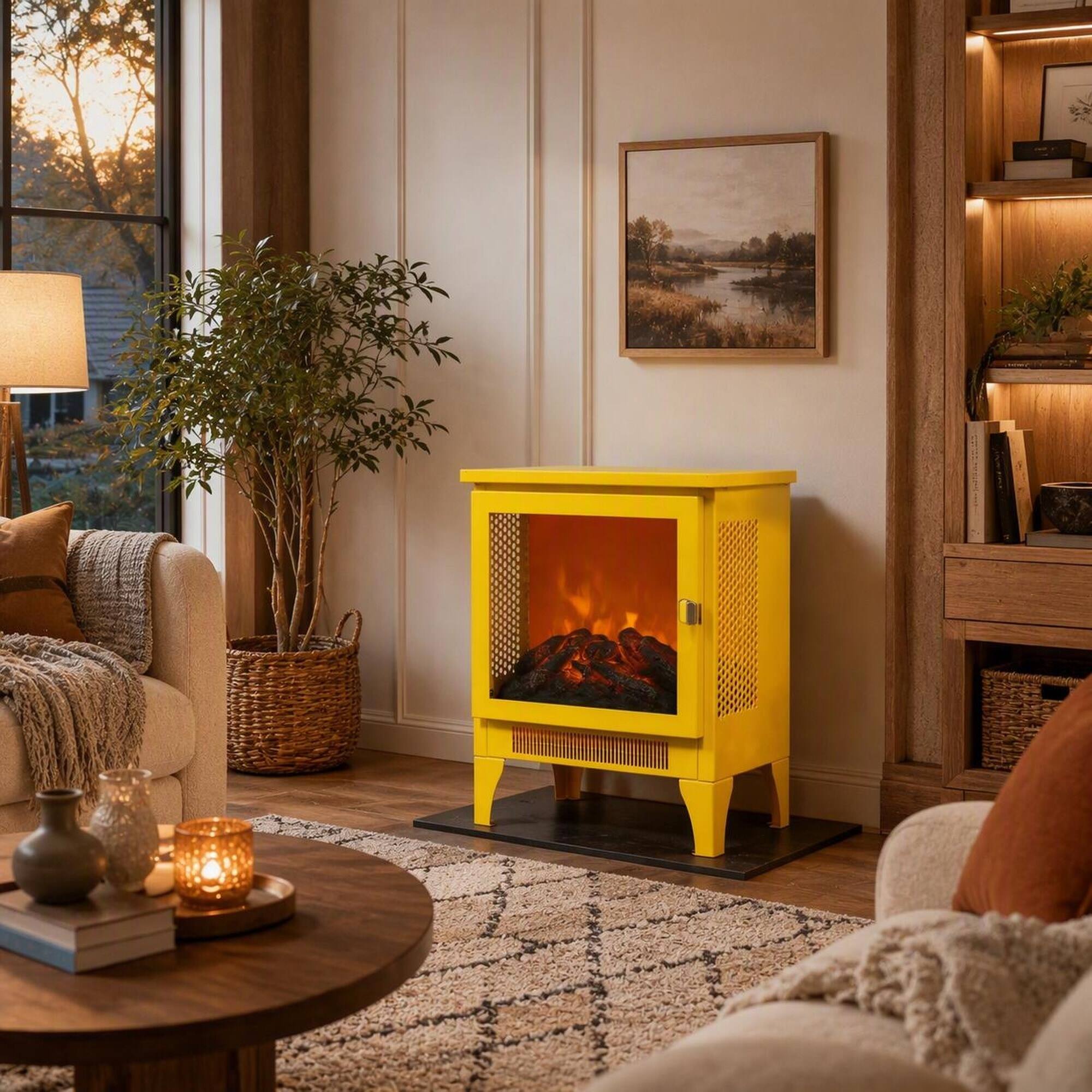 Angle. RYHNUYNE - 18 Inch Lemon Yellow Freestanding Electric Fireplace Stove Heater, 3D Realistic Flame Effect For Home Decor - Bright yellow.