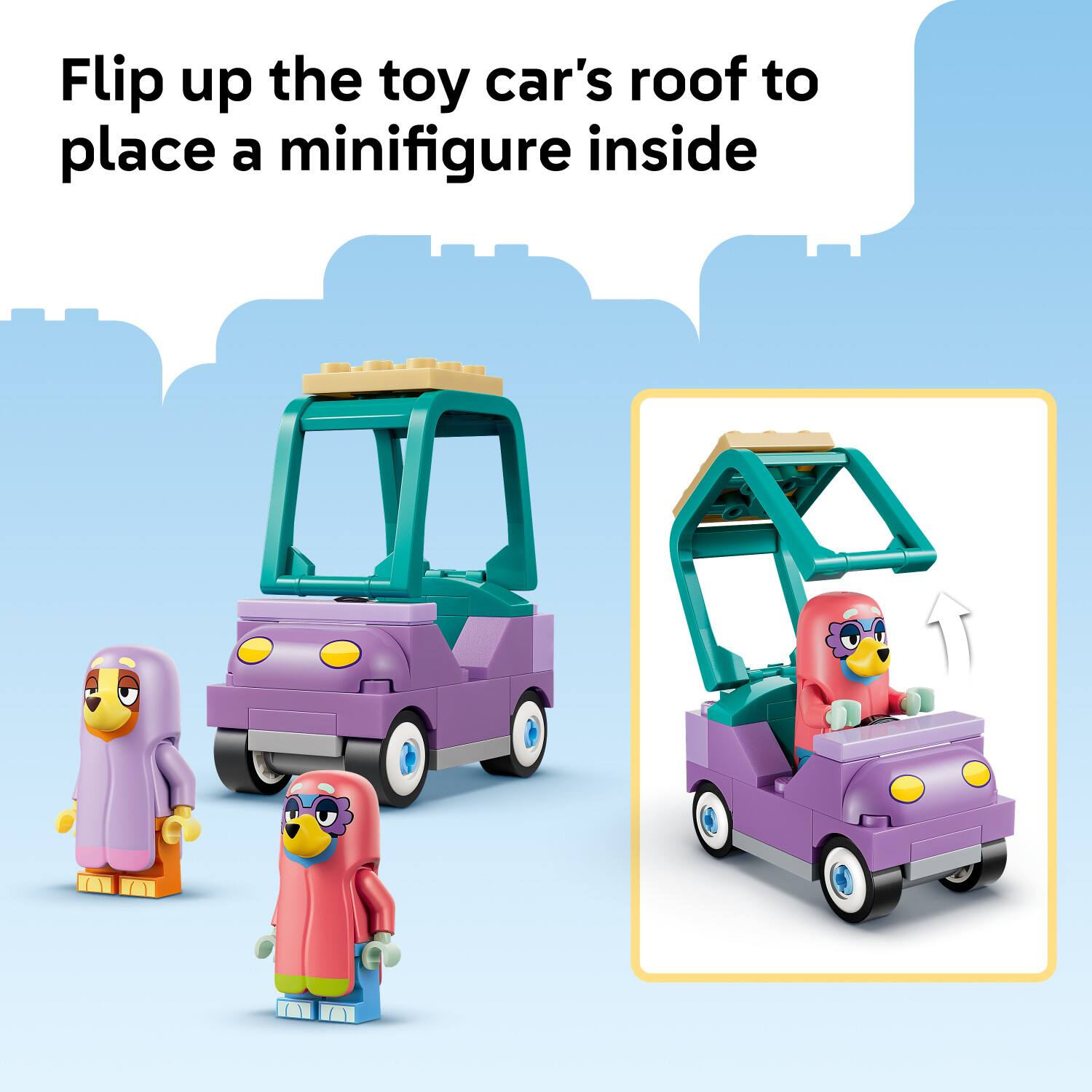 Flip up the toy car's roof to place a minifigure inside